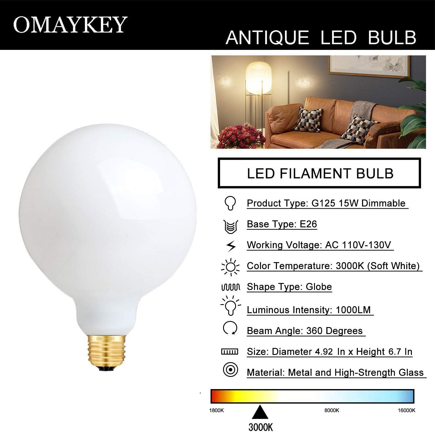 OMAYKEY 15W Dimmable LED Globe Bulb, 100W Equivalent, 1000 Lumens, 3000K Soft White, Vintage Edison G125, E26 Base,