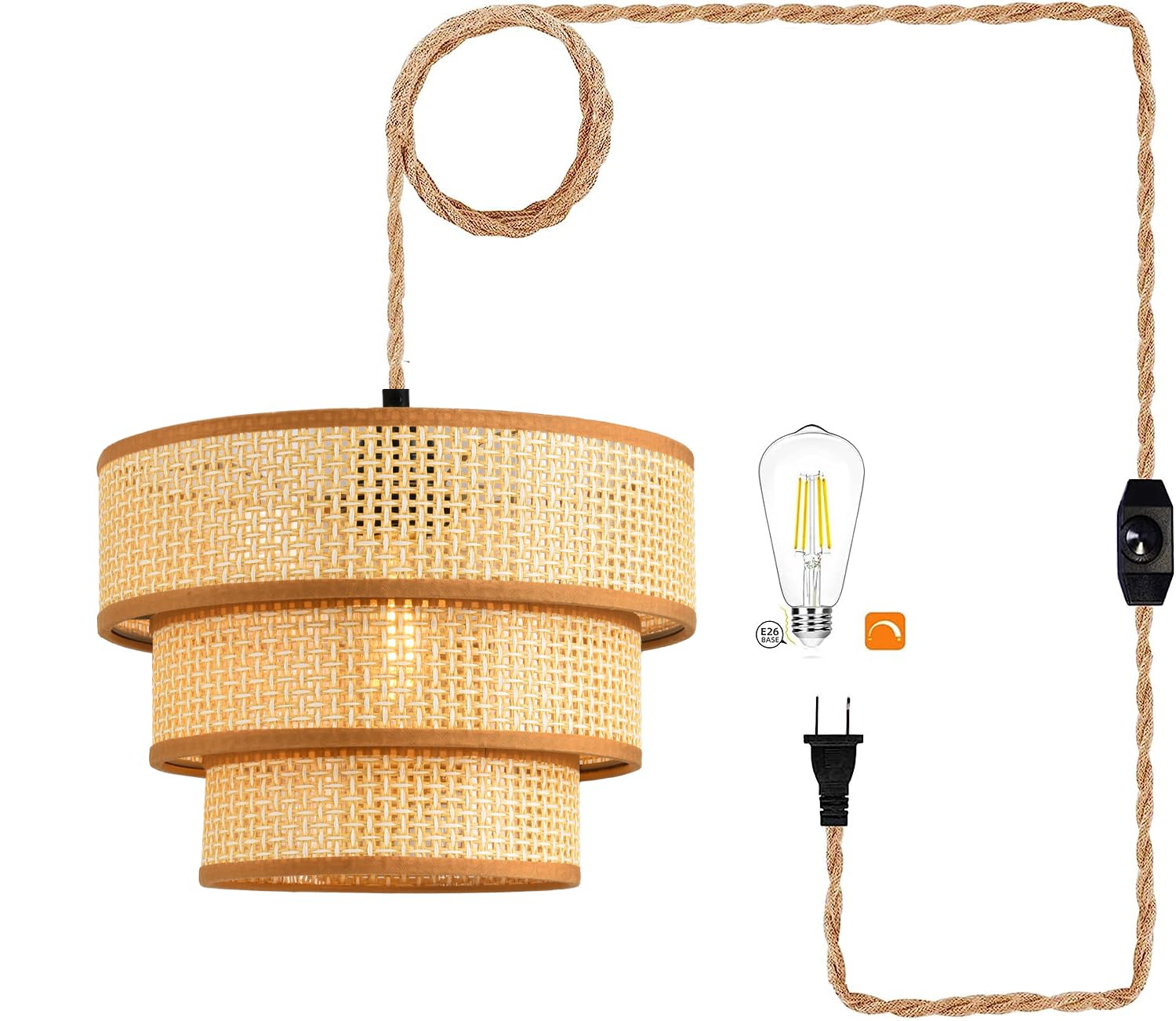 Xininsun Plug In Pendant Light Hanging Lights With15Ft Plug In Cord Dimmable Rattan Hanging Lamp Wicker Woven Drum Lampshade,Rus