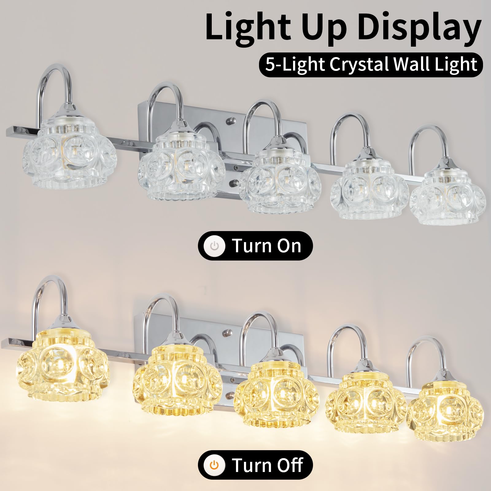 Dikaida 5-Light Bathroom Light Fixtures, Nickel Vanity Lights With Crystal Glass Shade, Polished Chrome Bathroom Lights Over Mir