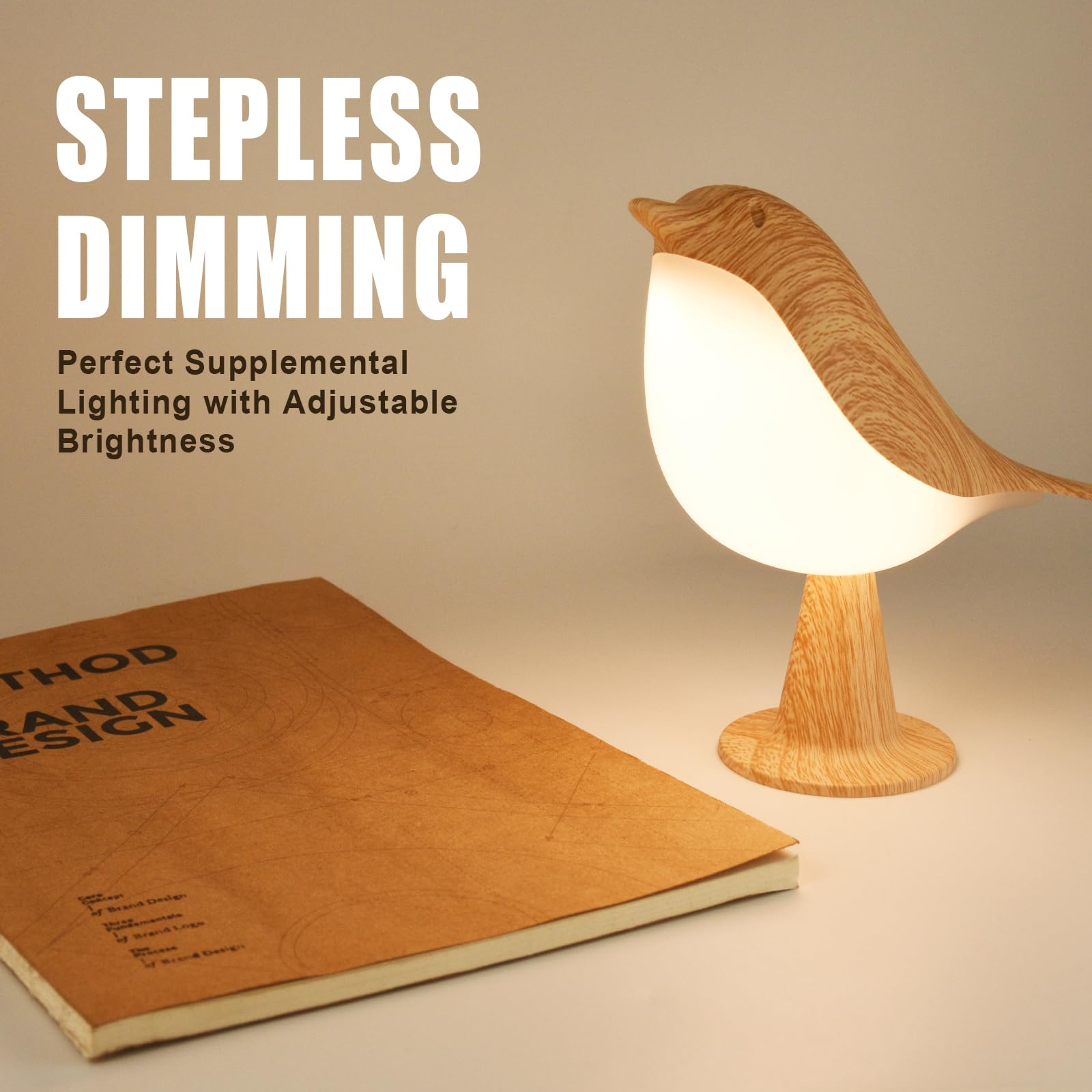 Deogos Table Lamp - Cute Bird Design, Cordless, 3 Color Temperatures, Maple, Circular Base, Rechargeable Kids Night Light for Bedroom Decor