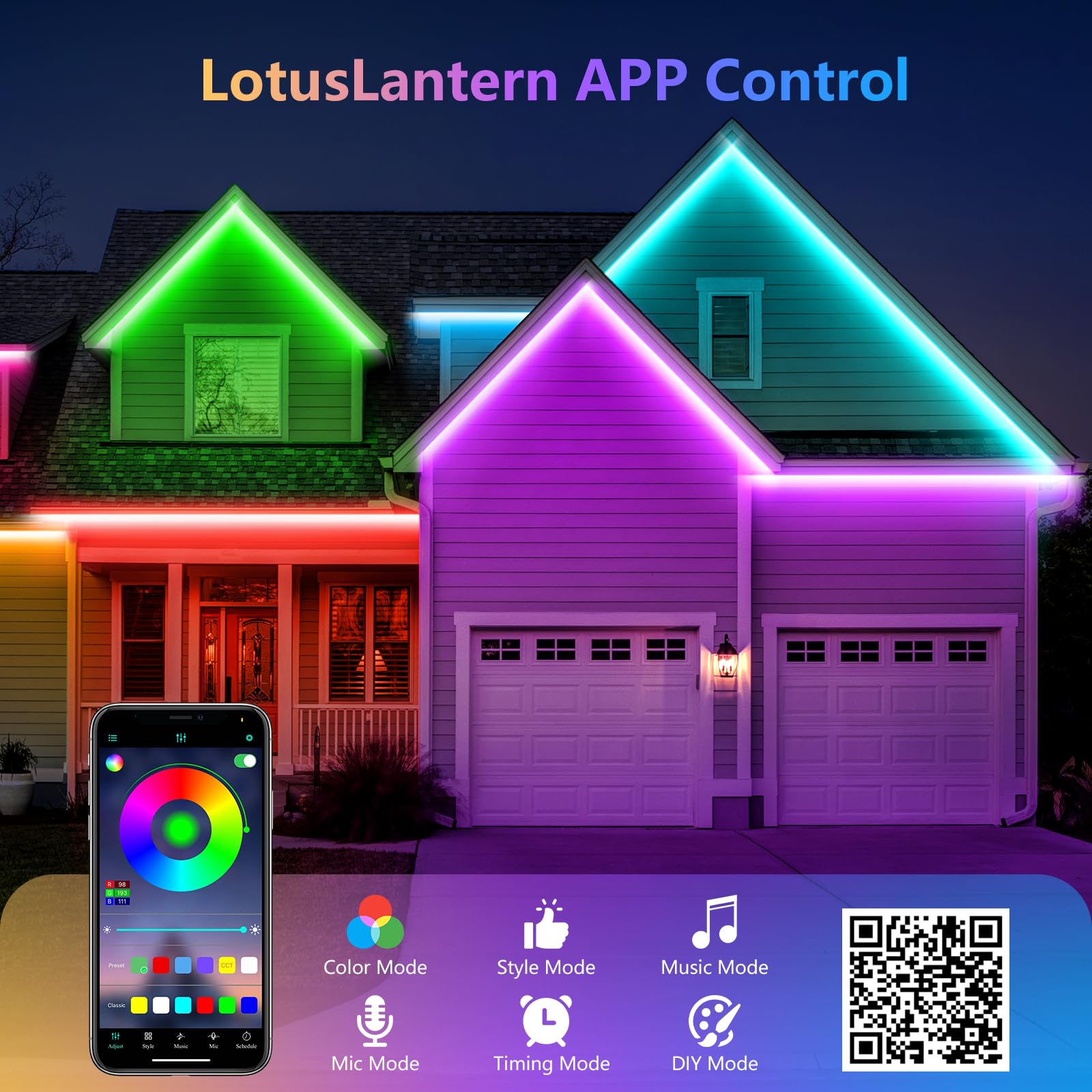 HUEMIHUI 100Ft Outdoor LED Strip Lights, Waterproof IP68, RGB Color Changing, Flexible PVC, with IR Remote & APP, Model HUEMIHUI-1