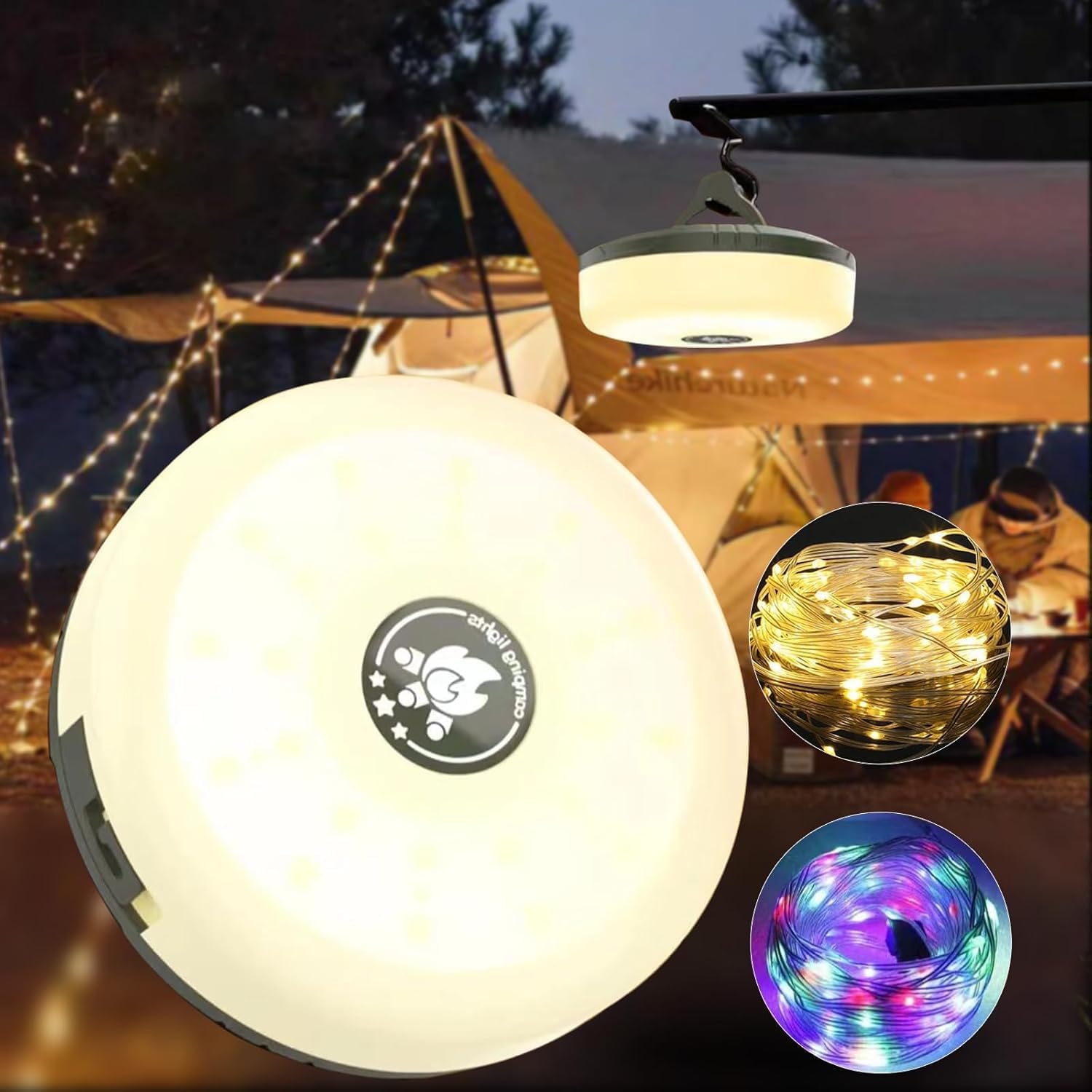 Janhaley Camping String Lights, 32.8ft Portable Outdoor String Lights with 8 Lighting Modes, Qucick Storage, 2 in 1 Waterproof C