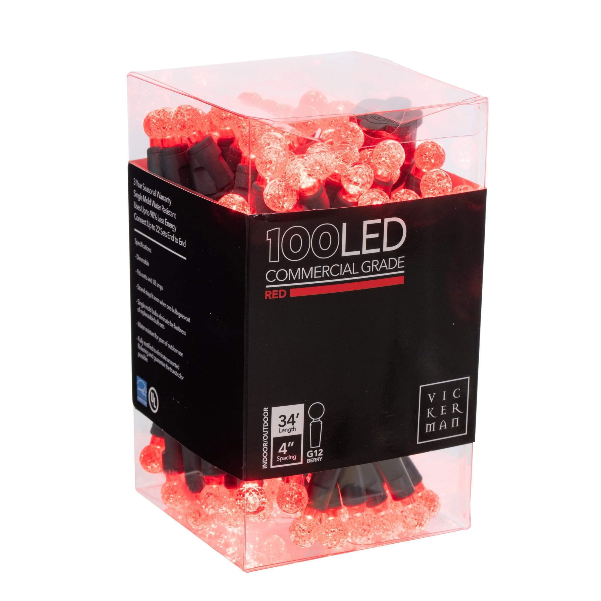 Vickerman LED Light Set, 100 Lights, G12 Red on Green Wire, Plastic Material