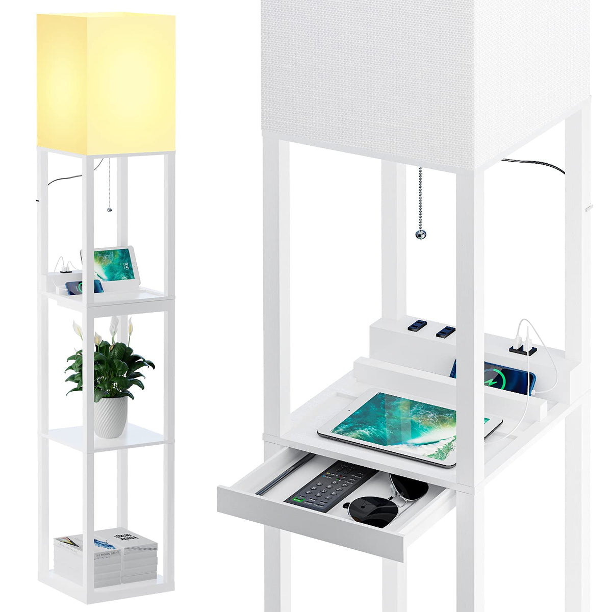 Sunmory Dimmable Floor Lamp With Shelves,Modern Solid Wood Standing Lamp With 1 Drawer And 2 Usb Ports & 2 Power Outlet,Corner T