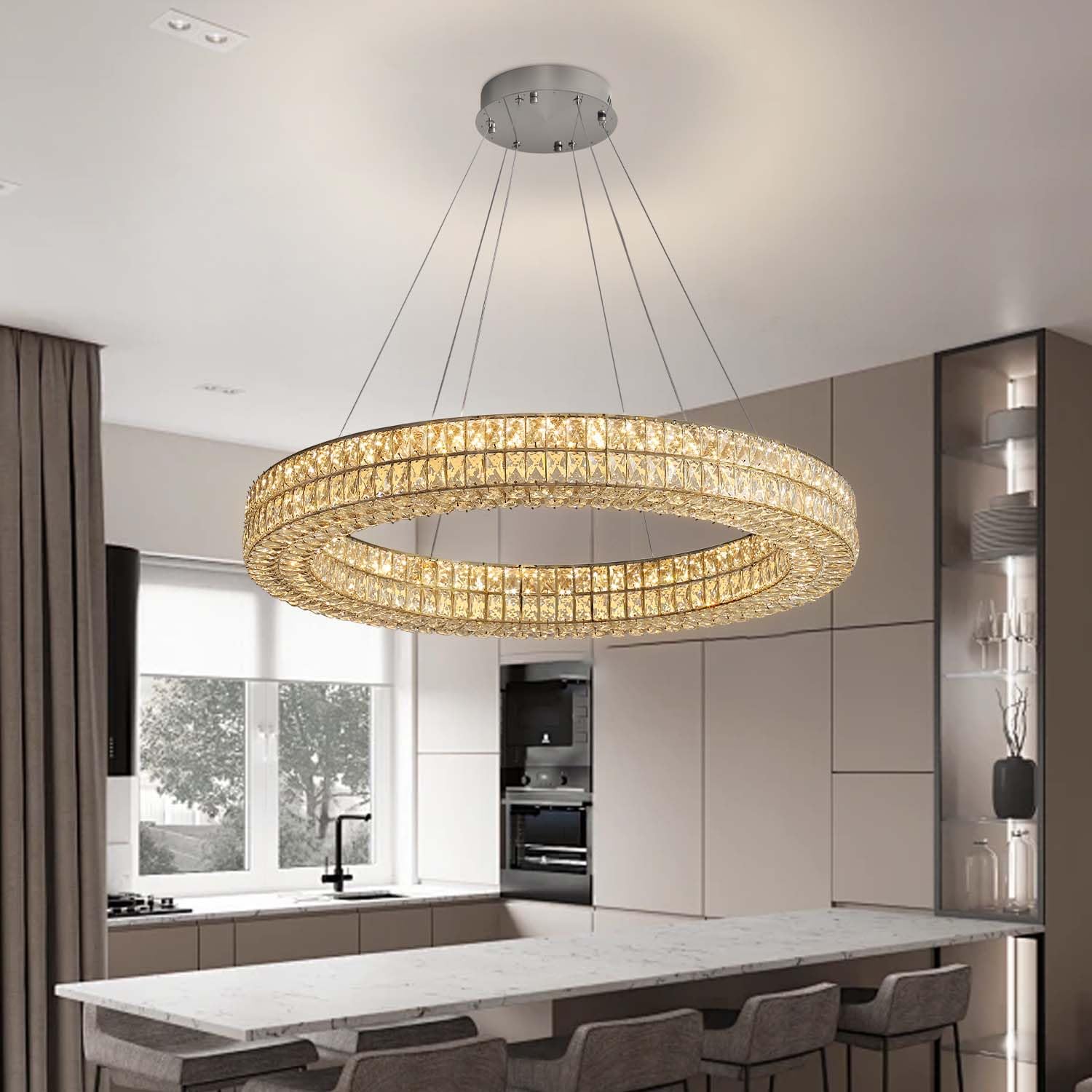 IDEQUY LED Round Ceiling Chandelier, 40in, Dimmable, Stainless Steel & Crystal, Modern Design, Black