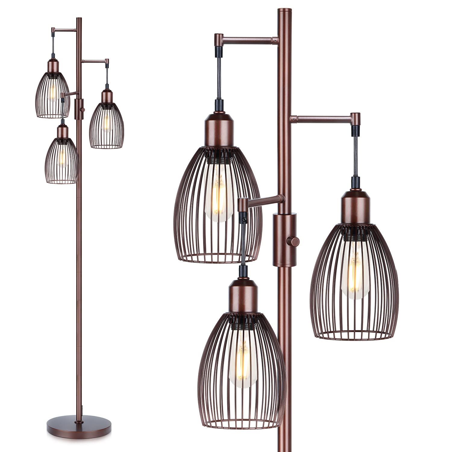 Dimmable Floor Lamp, 3 x 800LM LED Edison Bulbs Included, Farmhouse Industrial Floor Lamp Standing Lamp with Elegant Teardrop Cage Head Tall Lamp for Living Room Bedroom Office Dining Room - Brown