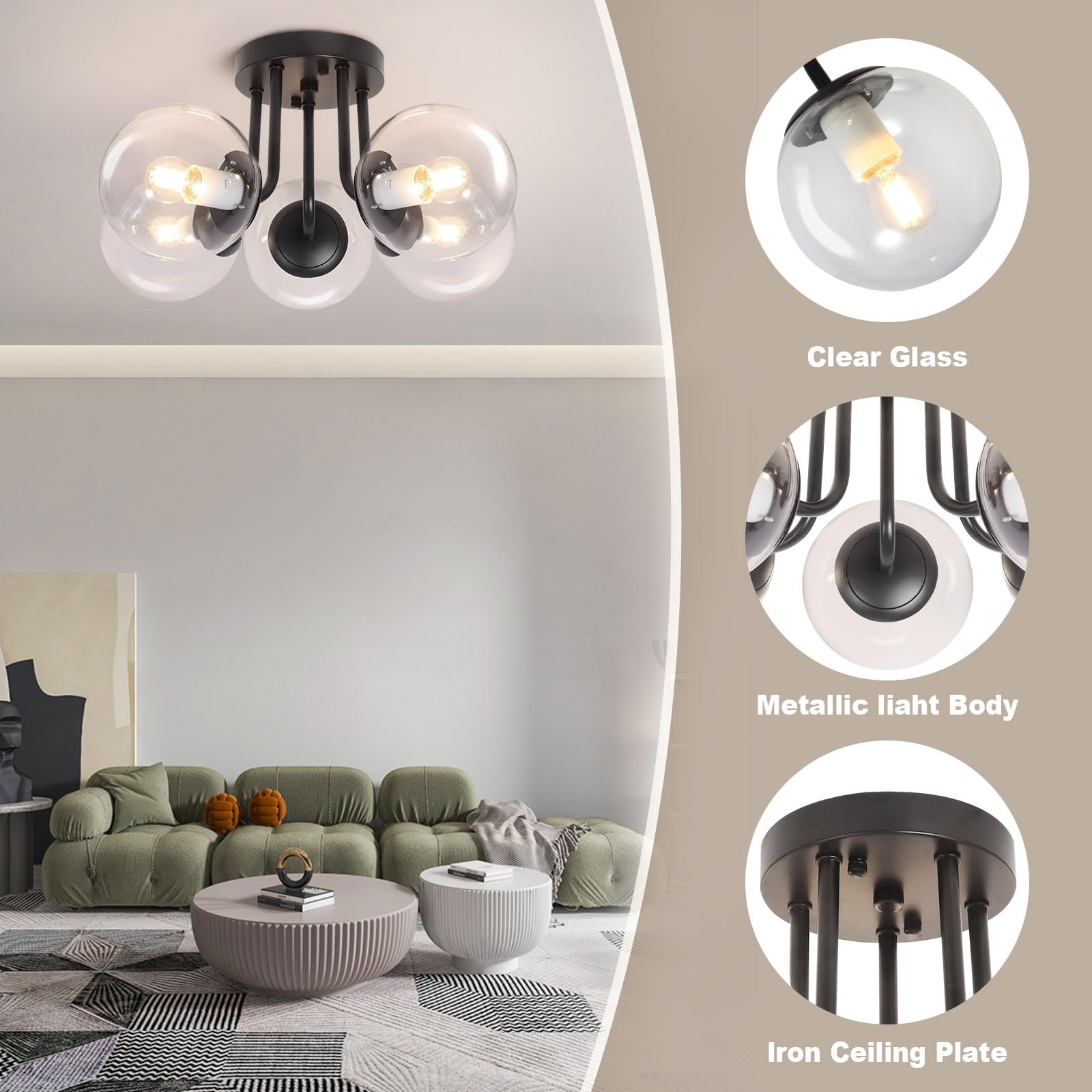 Bektas 5-Lights Semi Flush Mount Ceiling Light Fixture Matte Black Light Fixture Bend Modeling With Transparent Glass Shade For Bedroom,Living Room,Dinning Room Foyer Hallway