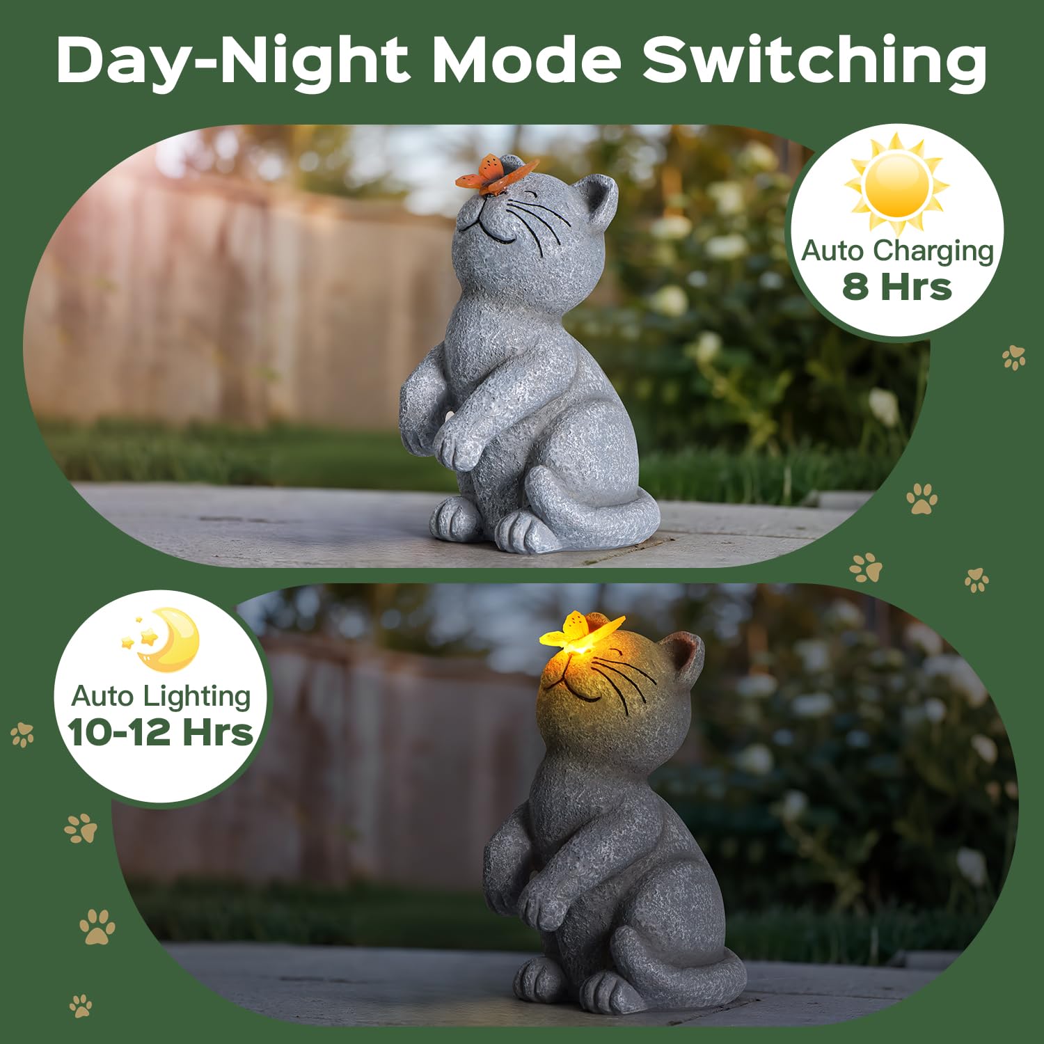 DyBaxa Solar Garden Décor Cat Statue - Dark Gray Resin Butterfly Light for Outdoor Patio, Balcony, Yard, Gifts for Women, Mom, Grandma