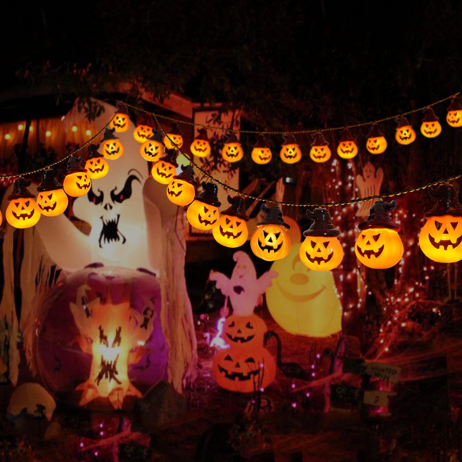 Abkshine Solar Pumpkin Lights String for Halloween, Orange, Plastic, Model ABSK145, Outdoor Yard Decoration