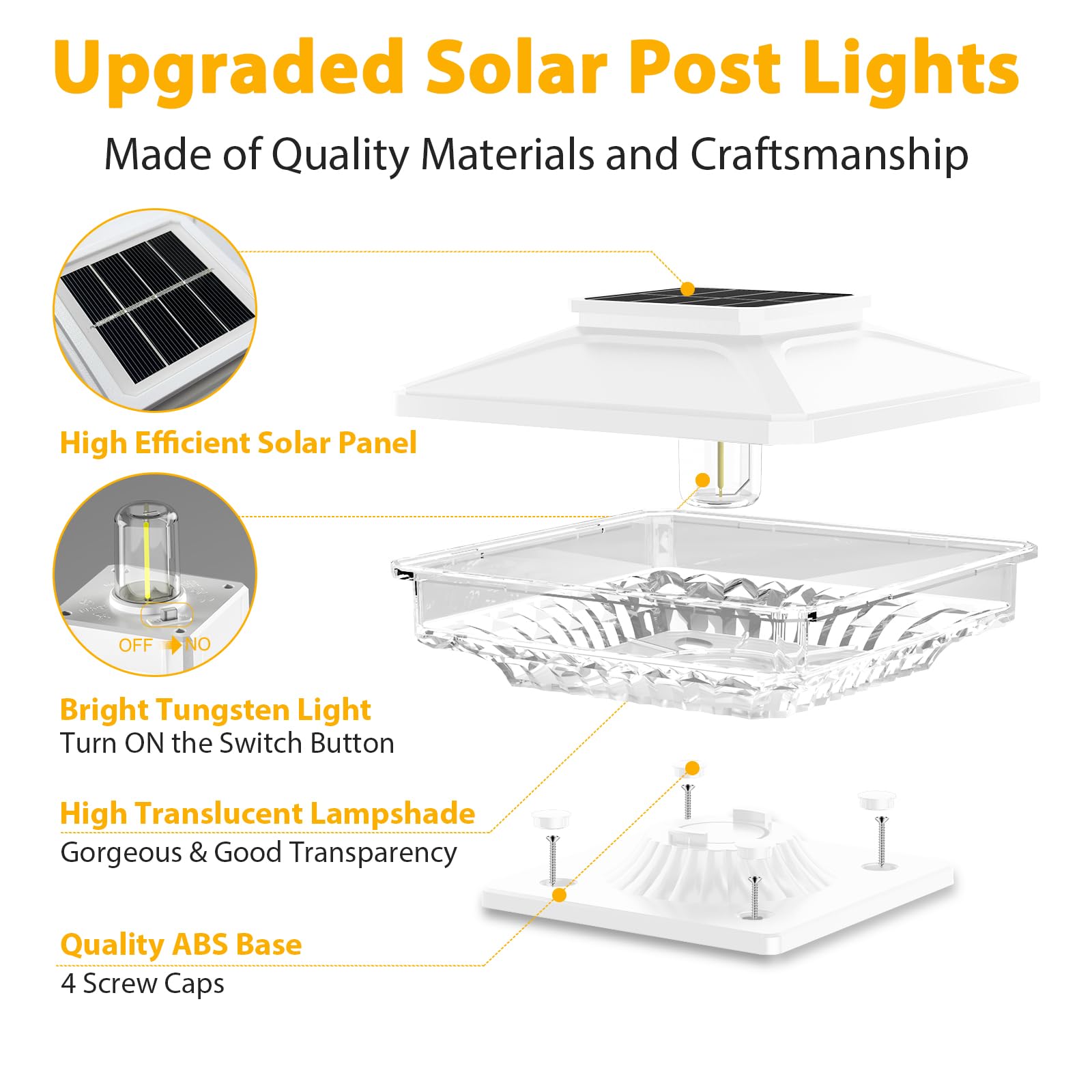 High Brightness 6 Pack Post Solar Lights,[Not Hollow Post],Ip65 Waterproof 4X4 Solar Post Cap Lights, Deck Post Cap Lights,Fit 4X4 5X5 6X6 Wooden Posts For Garden Patio Fence Deck Decor White