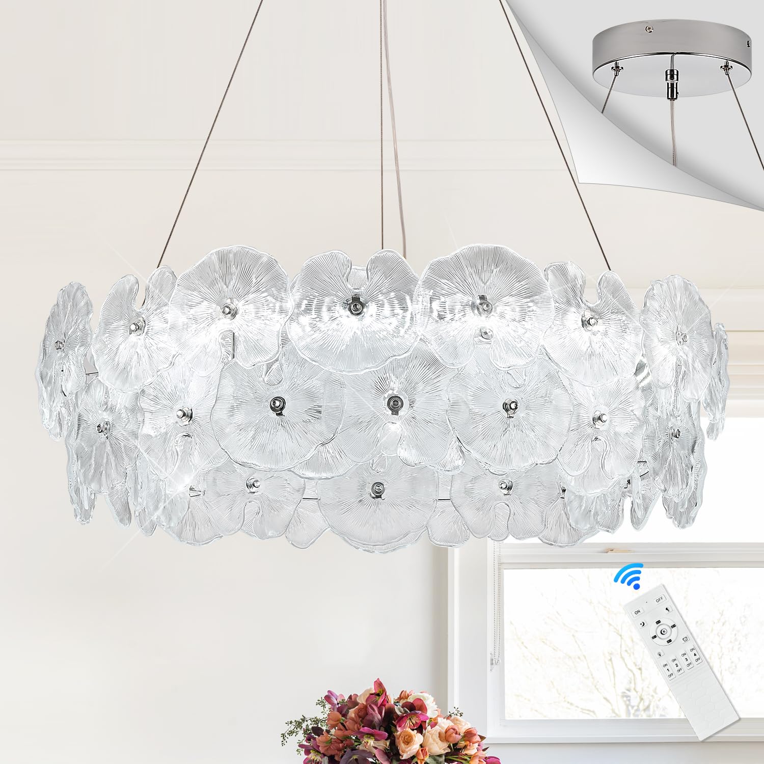 Poemoon 30in Luxury Glass LED Chandelier, Chrome-Lotus, Dimmable 3000-6500K, Model 56-800C, Remote Control for High Ceiling Spaces