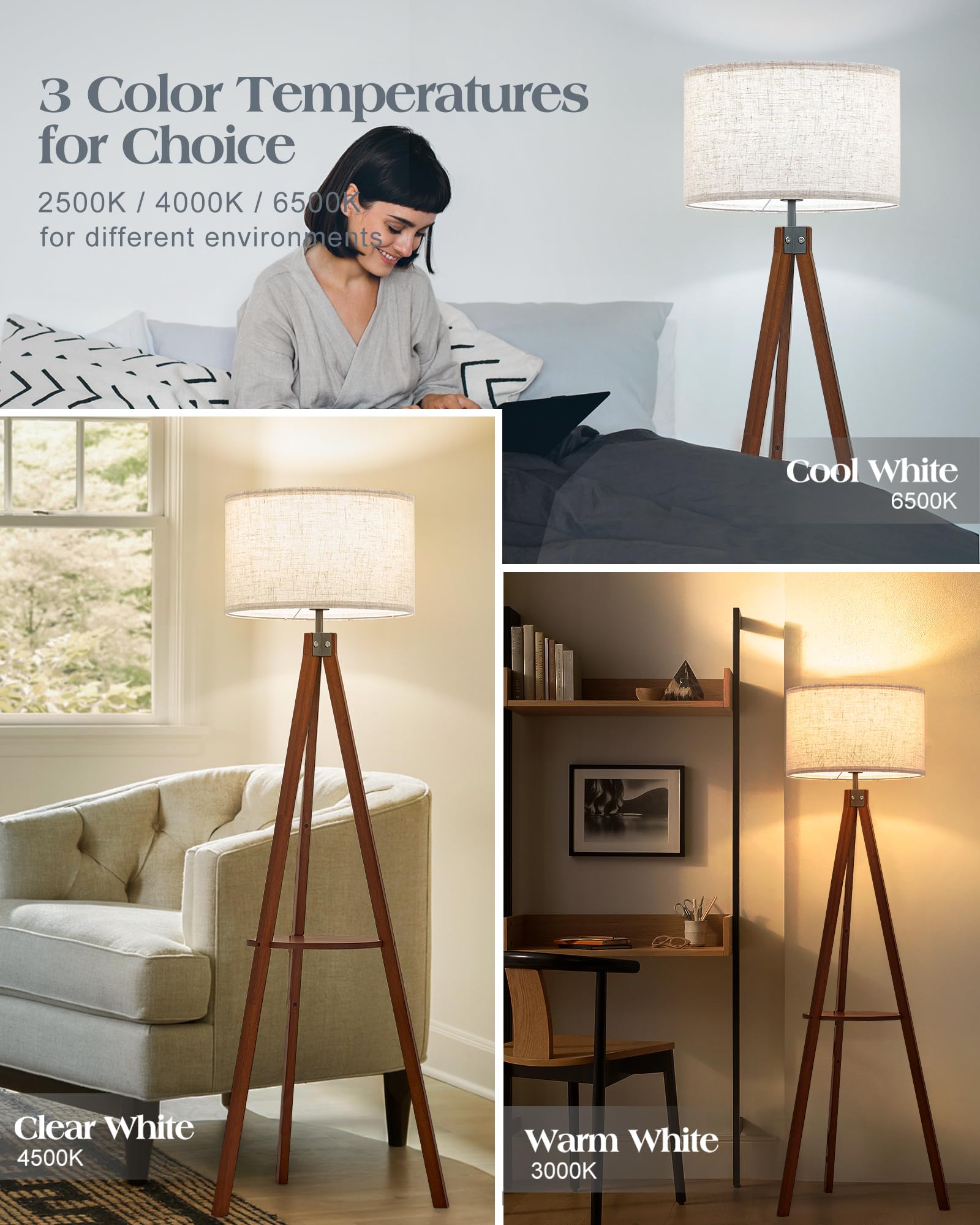 ELYONA Tripod Floor Lamp with Shelves, 3 Color Temperatures, Wooden, Brown, Model UF1104B-BR, Ideal for Living Room, Bedroom, Office