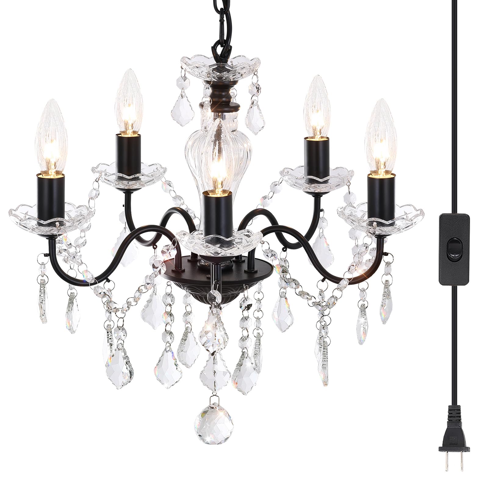 Chanlited Plug In Modern 5-Light Black Chandelier With Glass Crystals, Candle Style Pendant Light Fixtures For Living Room, Girl