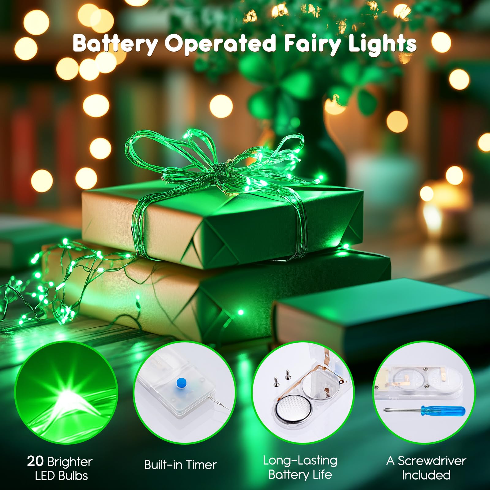 Minetom 12 Pack Fairy Lights Battery Operated String Lights With Timer - 7Ft 20 Led Waterproof Silver Wire Firefly Lights For St Patrick'S Day Decor Diy Crafts Wedding Table Centerpieces, Green