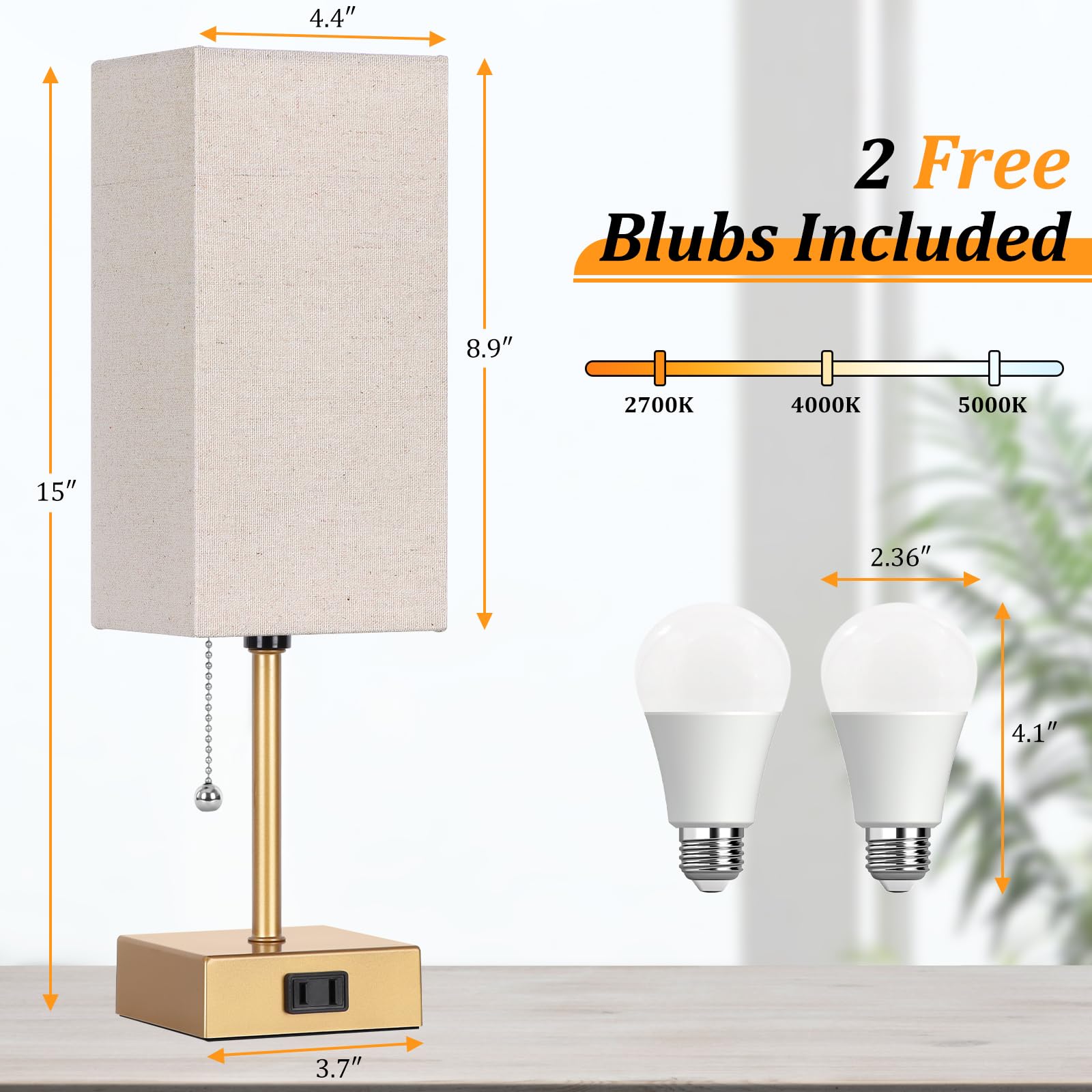 Dott Arts Table Lamp Set of 2, 15 inch Gold Linen Metal, 3-Color with Pull Chain, Includes 2 Bulbs, Model PTL6W-030