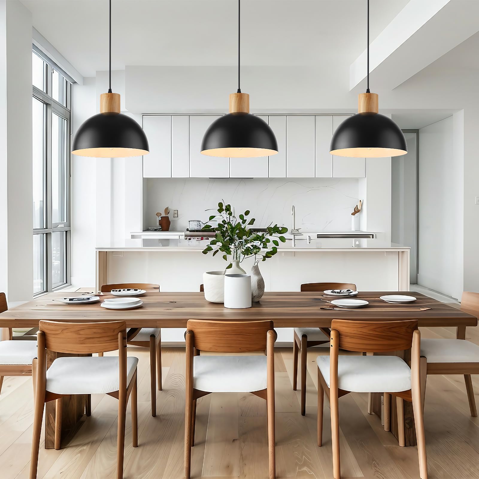 Qianzhan Black Solid Wood Pendant Light, 11.8'' Dome Pendant Lights Fixtures Adjustable Modern Hanging Lighting,For Kitchen Isla