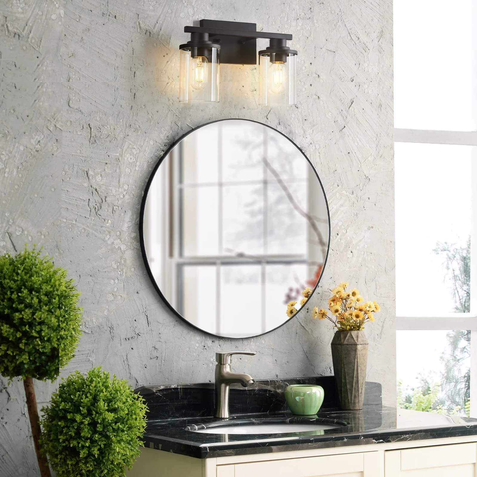 Stambord 2 Light Matte Black Bathroom Vanity Light, Metal Base with Clear Glass Shade, Wall Sconce for Bathroom and Living Room