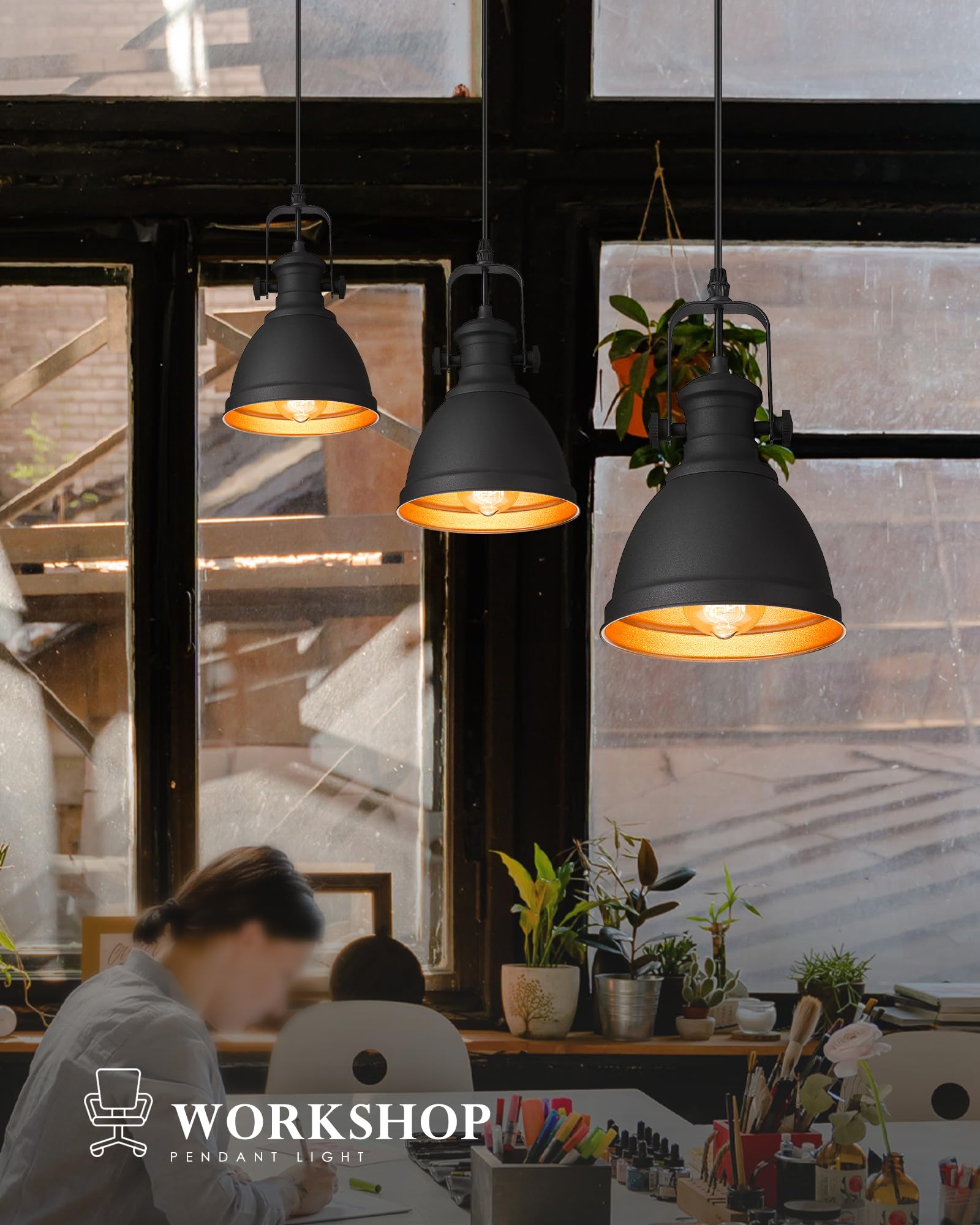 Audickic Modern Pendant Light Set of 2, Matte Black Metal Fixtures for Kitchen Island, 1-Light, Model AD-2151-1P2