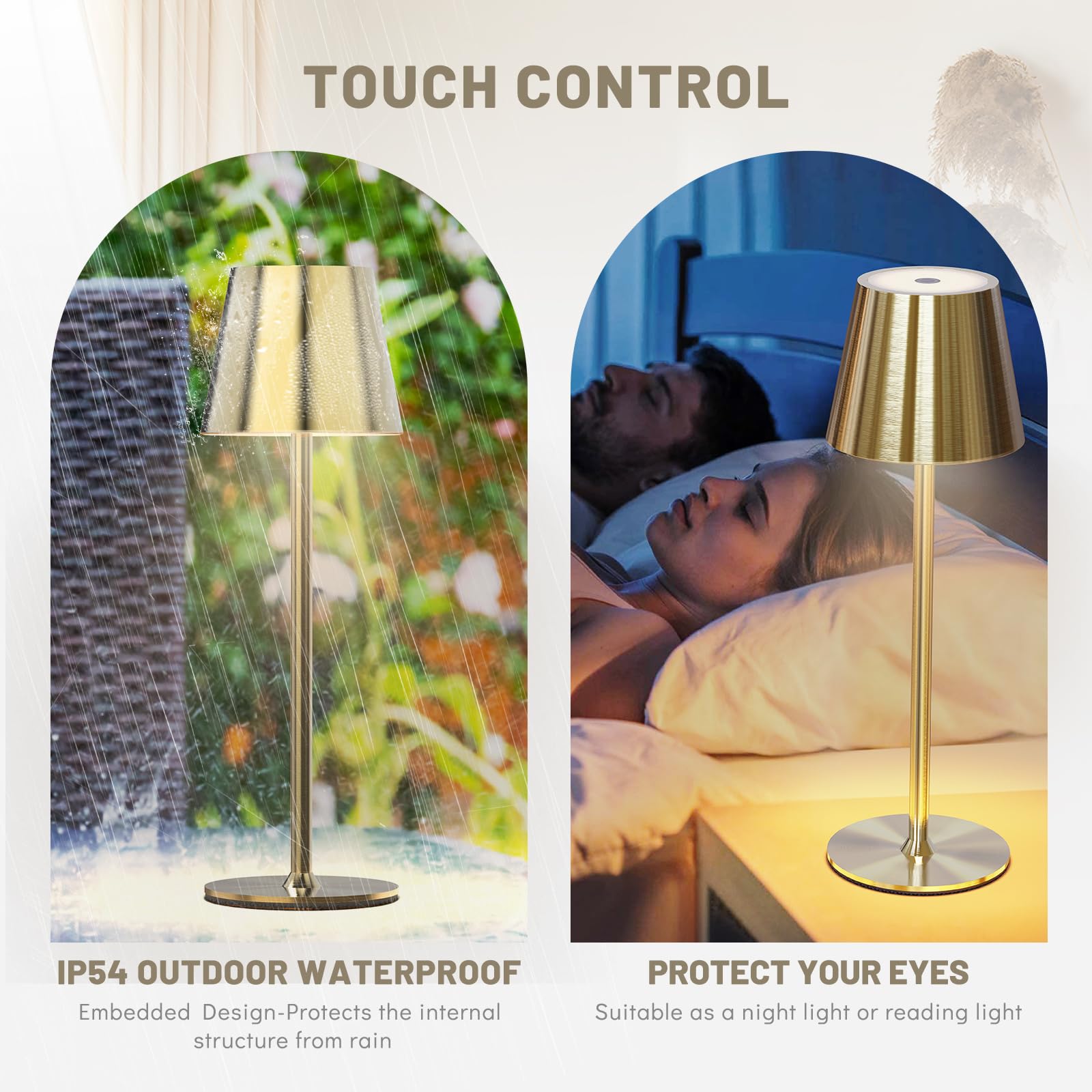 Maksone LED Cordless Table Lamp, Rechargeable 6600mWh, 3000K Dimming, IP54 Waterproof, Gold, Model USH2405-WT2PCSWW