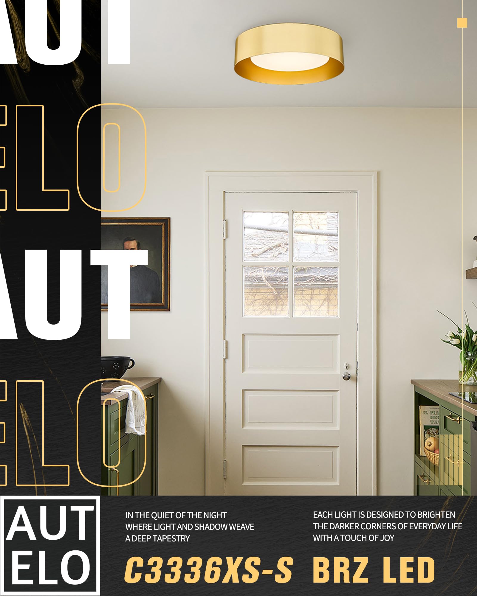 Autelo Led Ceiling Lights, Gold Flush Mount Ceilingg Light, 5Cct Vintage 12'' Ceiling Lights Fixture With Frosted Glass In Gold