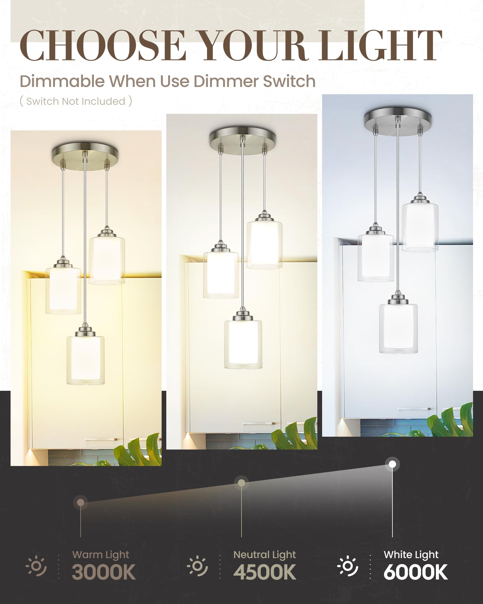 Tengxin 3 Light Pendant Light,Pendant Lights Kitchen Island,Brushed Nickel Pendant Lights With Dual Glass Shade,Farmhouse Pendan