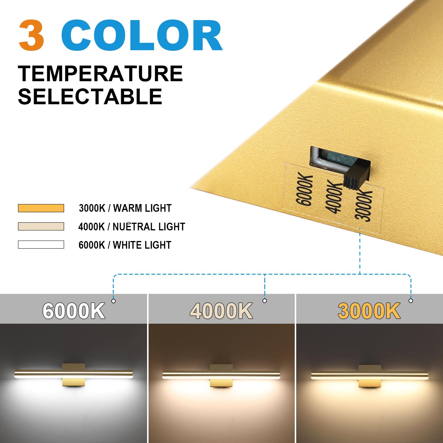 Sinerise Led Modern Bathroom Vanity Light Fixtures (24-Inch, 3000K/4000K/6000K, Dimmable), Gold Modern Acrylic Bathroom Wall Lig