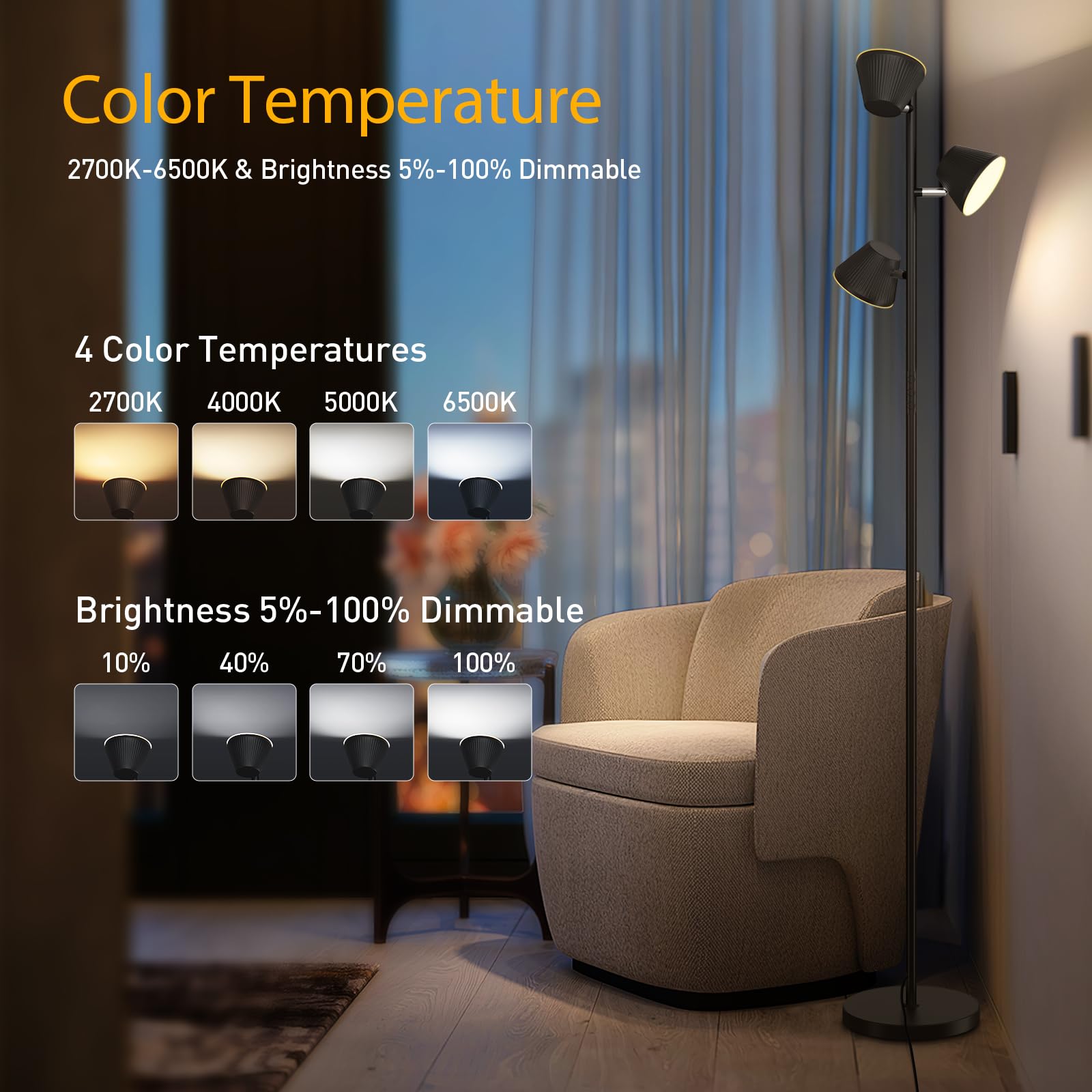 Mixinlei LED Tree Floor Lamp, 42W 4200 Lumens, Remote & Touch Control, 3 Lights, 4 Color Temps, Black, MXL-Three Light