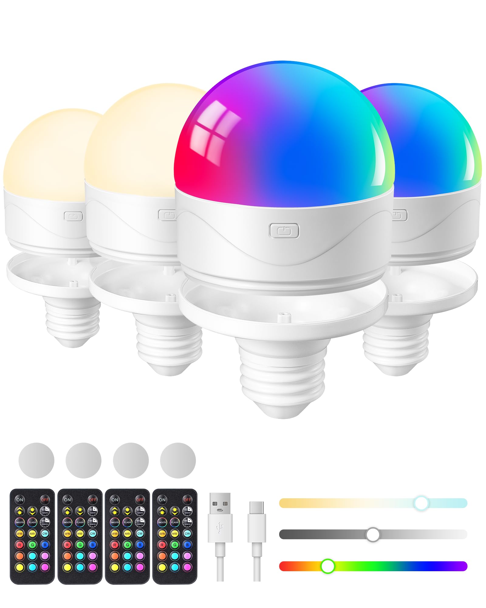 Edishine Rechargeable Light Bulbs With Remote Control, Dimmable 350Lm 3000Mah Battery Operated Light Bulb, 2 Timer 12 Colors Sel
