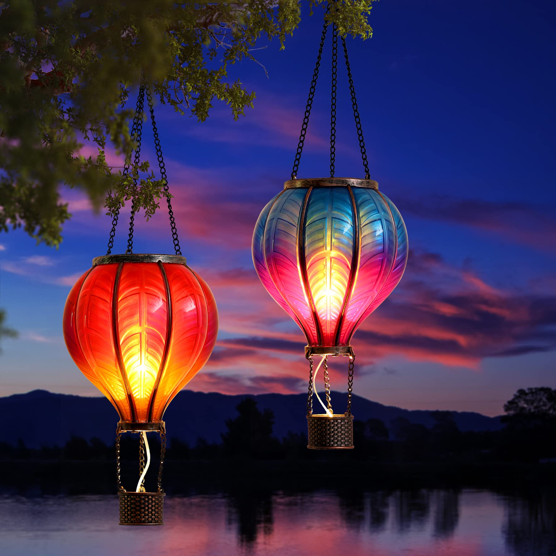 Teresa'S Collections 2 Pack Hanging Solar Lantern Outdoor Garden Decor ,Waterproof Plastic Hot Air Balloon Red Flickering Flame Effect Lantern For Yard Tree,Gift For Mom Lovers,18&quot;