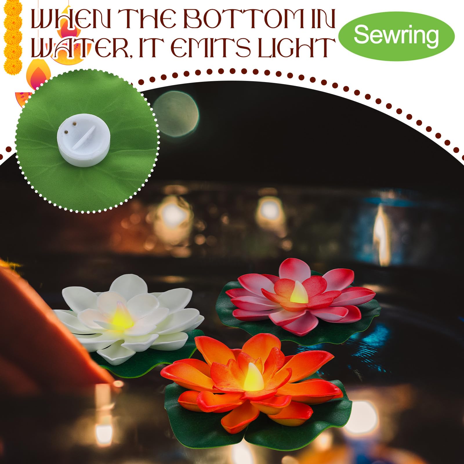 Tujoe 6 Pcs Diwali Lotus Decoration Floating Lotus With Lights Plastic Flower Diwali Artificial Lotus Traditional Indian Decor For Diwali Puja Home Outdoor Party Decoration (5.71 Inch)