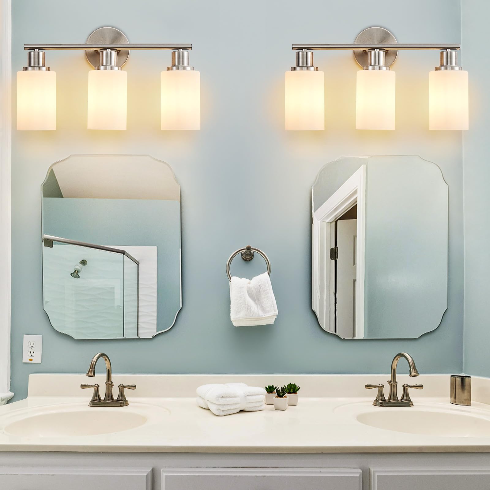 DINGLILIGHTING DLLT 3-Light Bathroom Light Fixtures, Nickel Vanity Lights, Milky White Glass Shade, Model DLLT-3L-MWBN