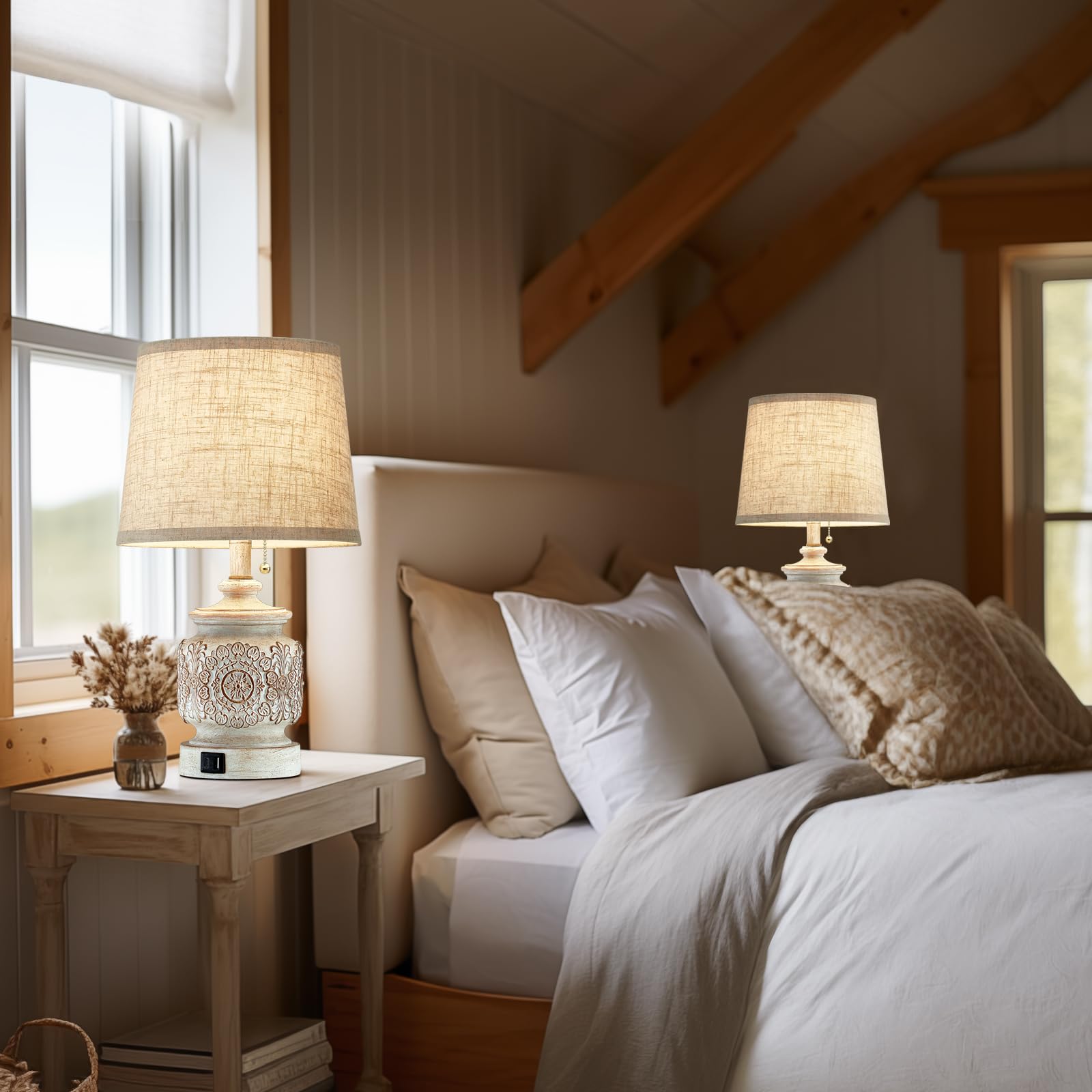 19.5'' Farmhouse Vintage Table Lamps For Living Room Set Of 2 Traditional Rustic Bedside Lamps For Bedrooms Nightstand With Usb