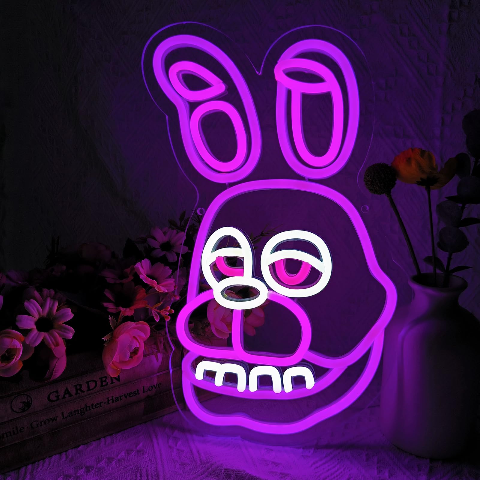 NAIYISI Funny Rabbit Neon Sign - LED Wall Decor, Acrylic, USB Powered, 14.1inx8.9in, Pink/Purple, Anime Design for Kids Room