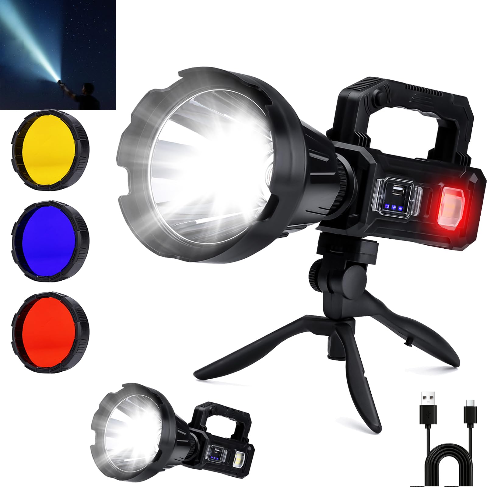 Solar Rechargeable Spotlight, 2,000,000 Lumens Led Spot Lights Outdoor Handheld Super Bright Long Range Flashlight with 6 Modes,