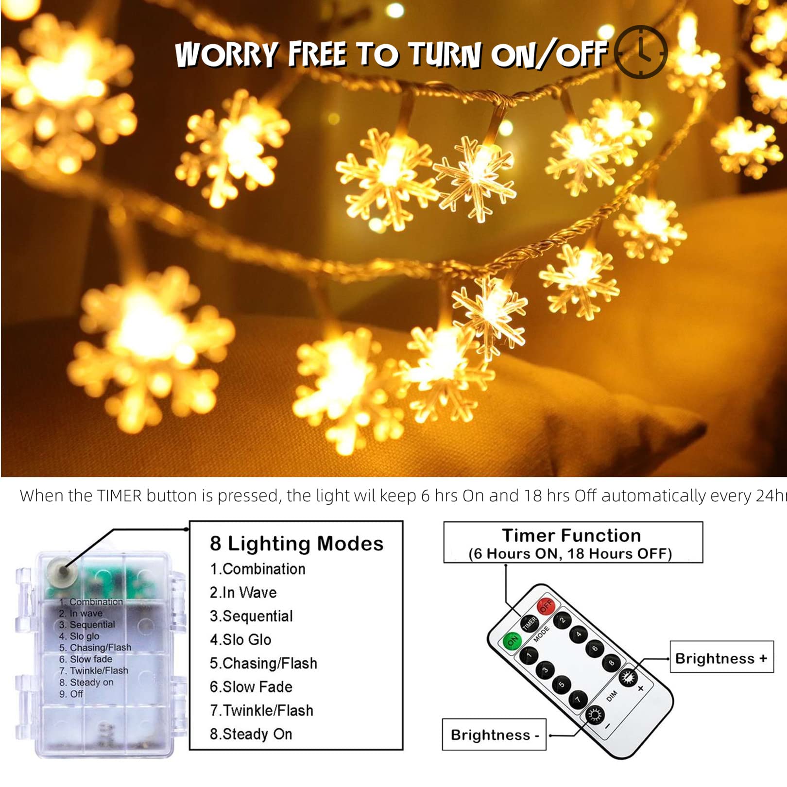 Christmas Snowflake Lights, 20 Ft 40 Led Battery Operated String Lights With Remote, 8 Modes Timer Waterproof Hanging Decor Bedroom Room Party Wall Indoor Outdoor Xmas Tree Decorations Warm White