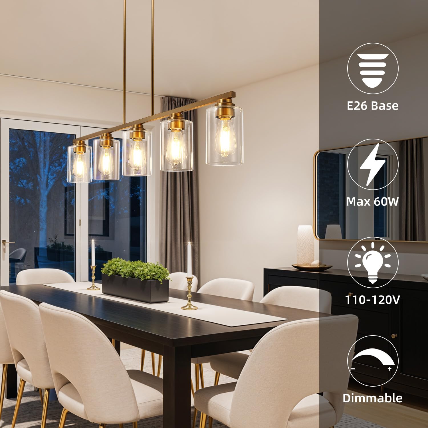 Mecgirn 5-Light Linear Chandelier Pendant Light, Brushed Brass Metal Fixture for Kitchen Island & Dining Room, Model D0017-5-Brass