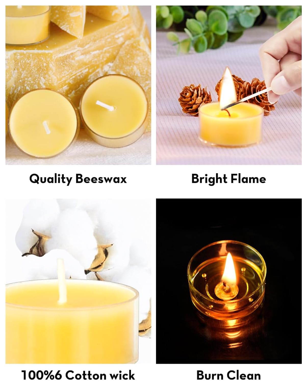 Ashlux Beeswax Tealight Candles, Unscented, 15 Pack, Yellow, 4 Hours Burn Time, Handmade, Clear Cups
