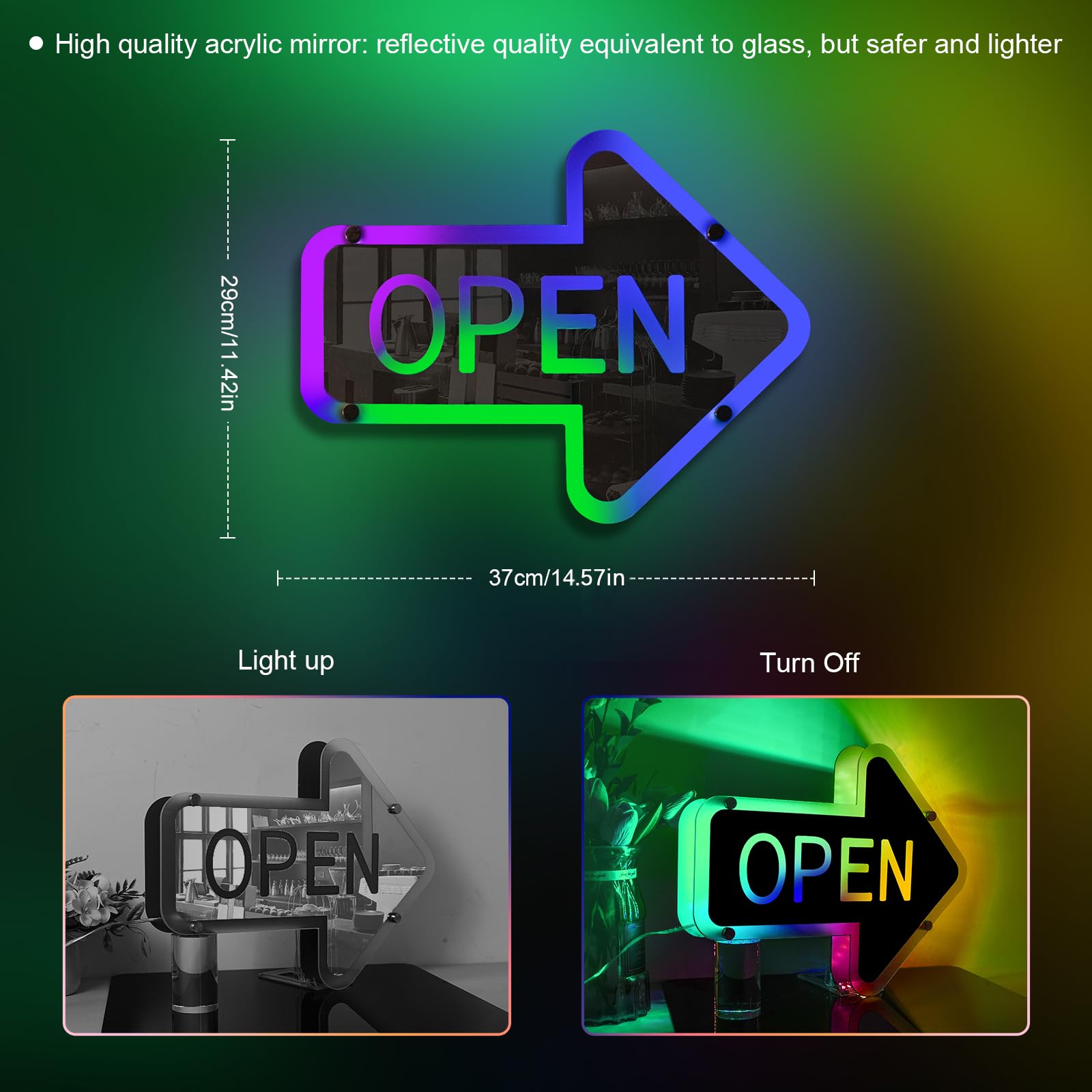 ineonlife Open Neon Sign LED Arrow Light for Business Decor 14.57 x 11.42 inches Mirrored Colorful
