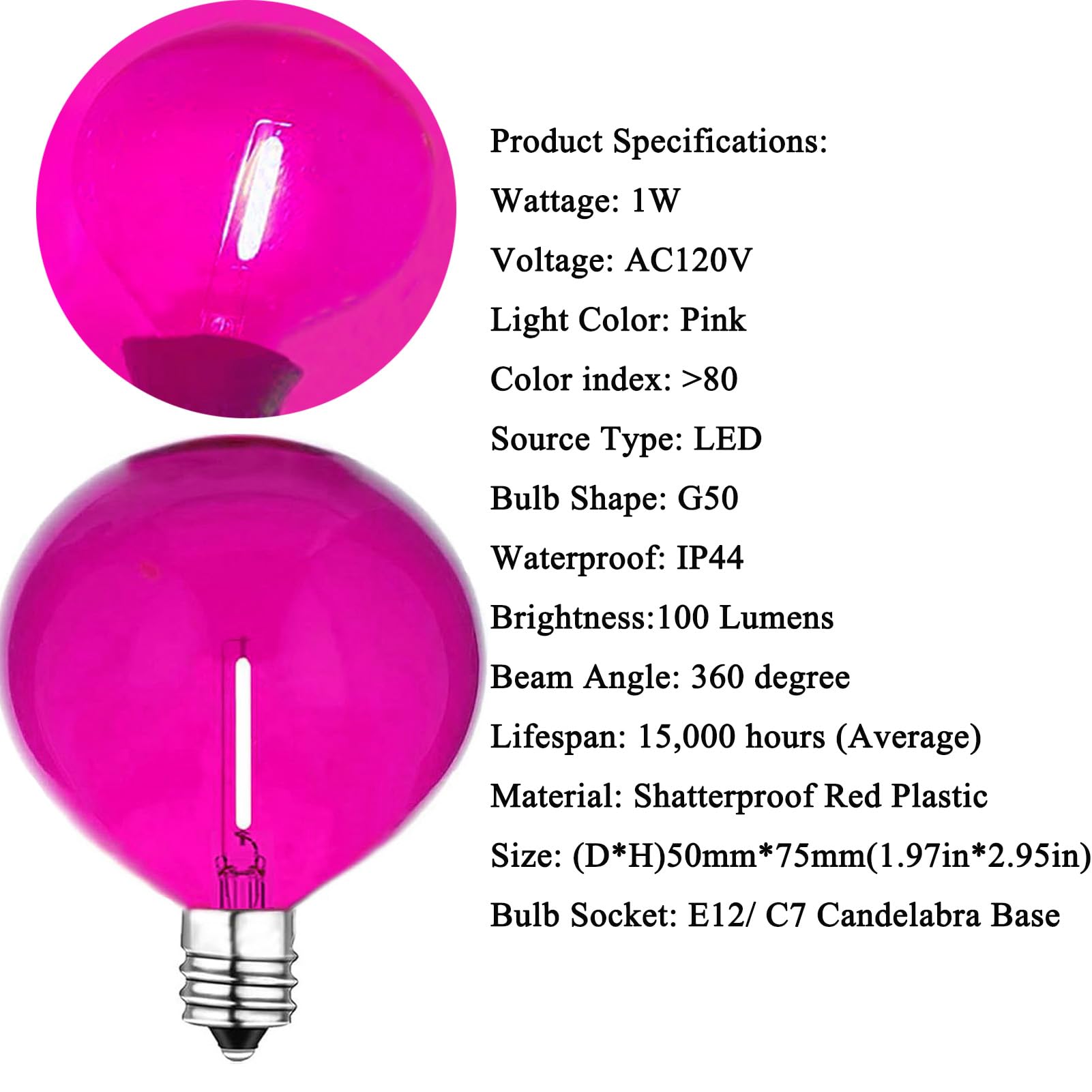 G50 Pink Globe Light Bulbs Replacement 1W Led Filament Bulb Shatterproof Waterproof Outdoor String Lights Pink Decorative Night Light E12/C7 Candelabra Base For Patio Garden Yard,15 Pack(Pink)