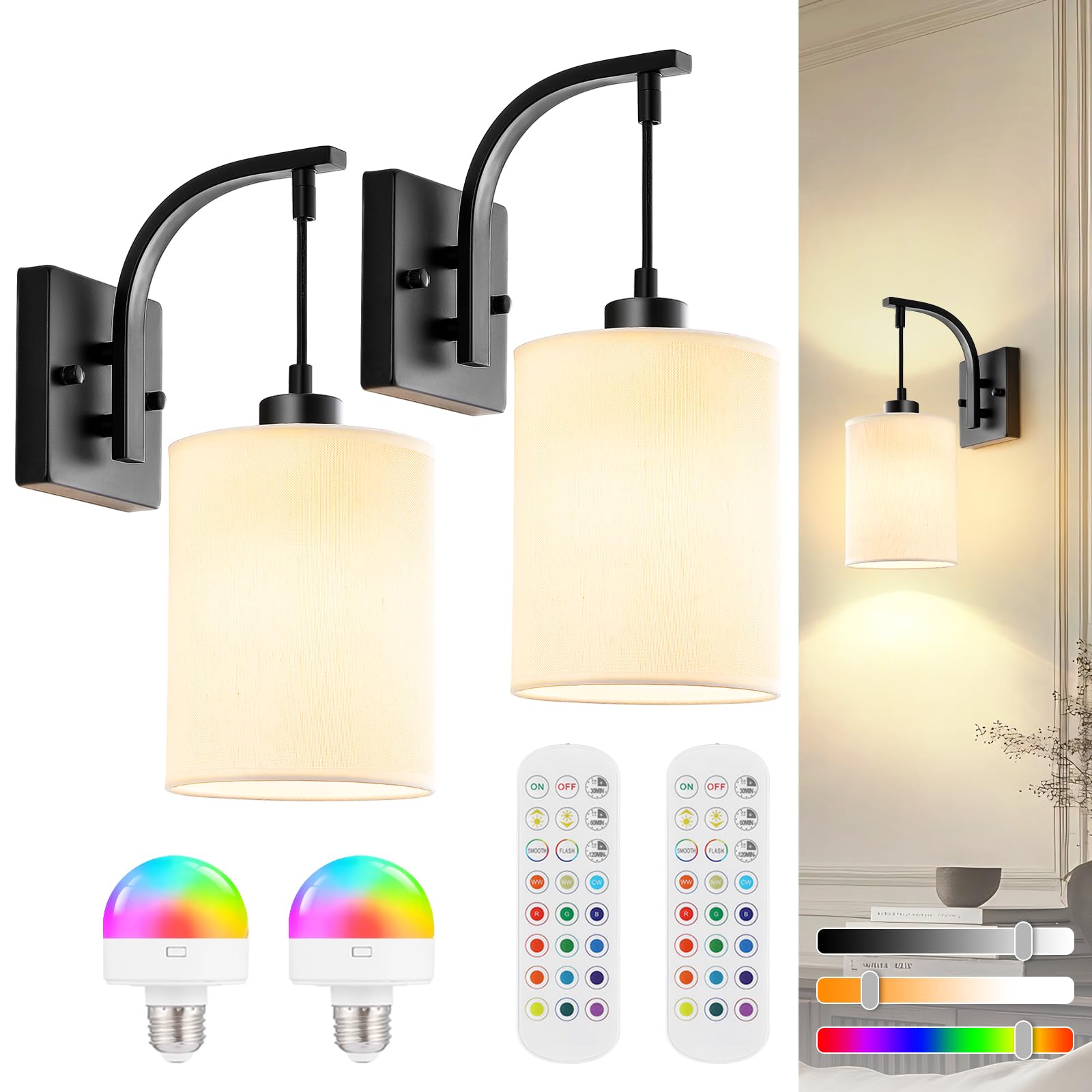 CNOIJUTS Battery Operated Wall Sconces Set of 2, Black, Rechargeable with Remote, 15 Colors Dimmable, Model W250301RC