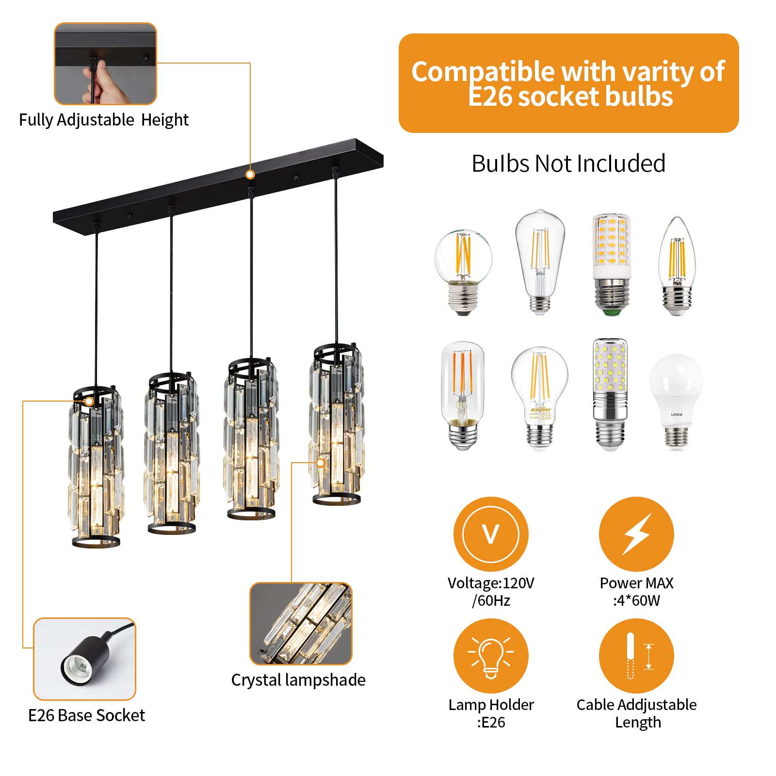 Lmqnine 4-Light Black Pendant Lighting, Modern Mini Crystal Chandelier For Kitchen & Dining Room