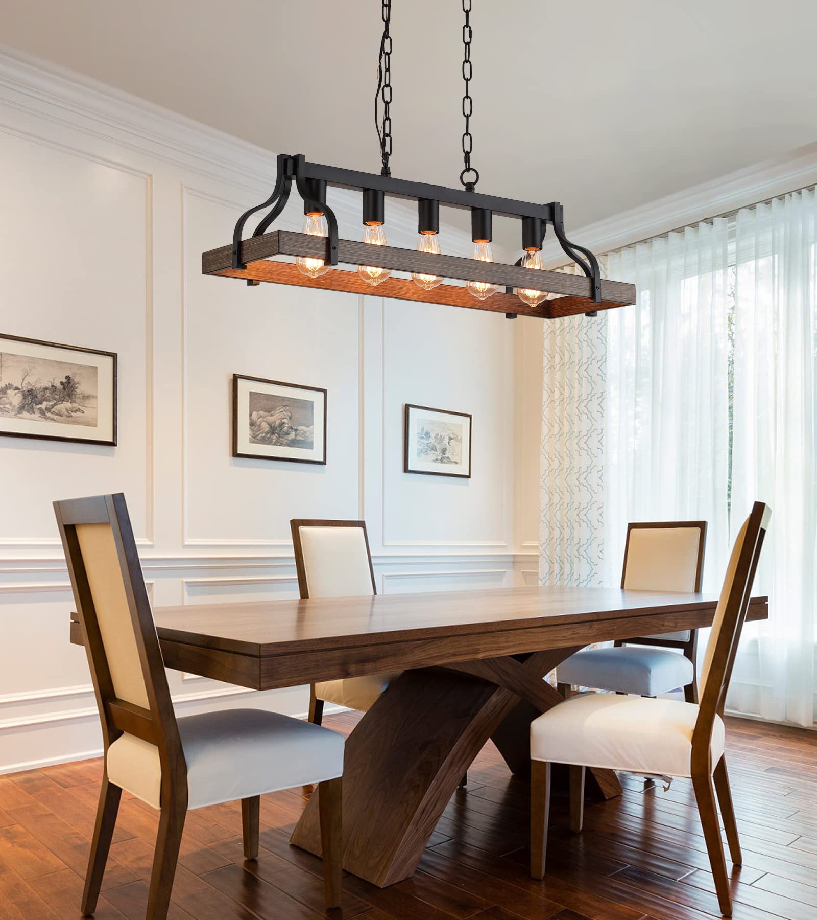 MEIXISUE Rustic 5-Light Industrial Chandelier, Black & Retro Wood Finish, L33.5" W10.6", UL Listed, Model MX-P2143-5A
