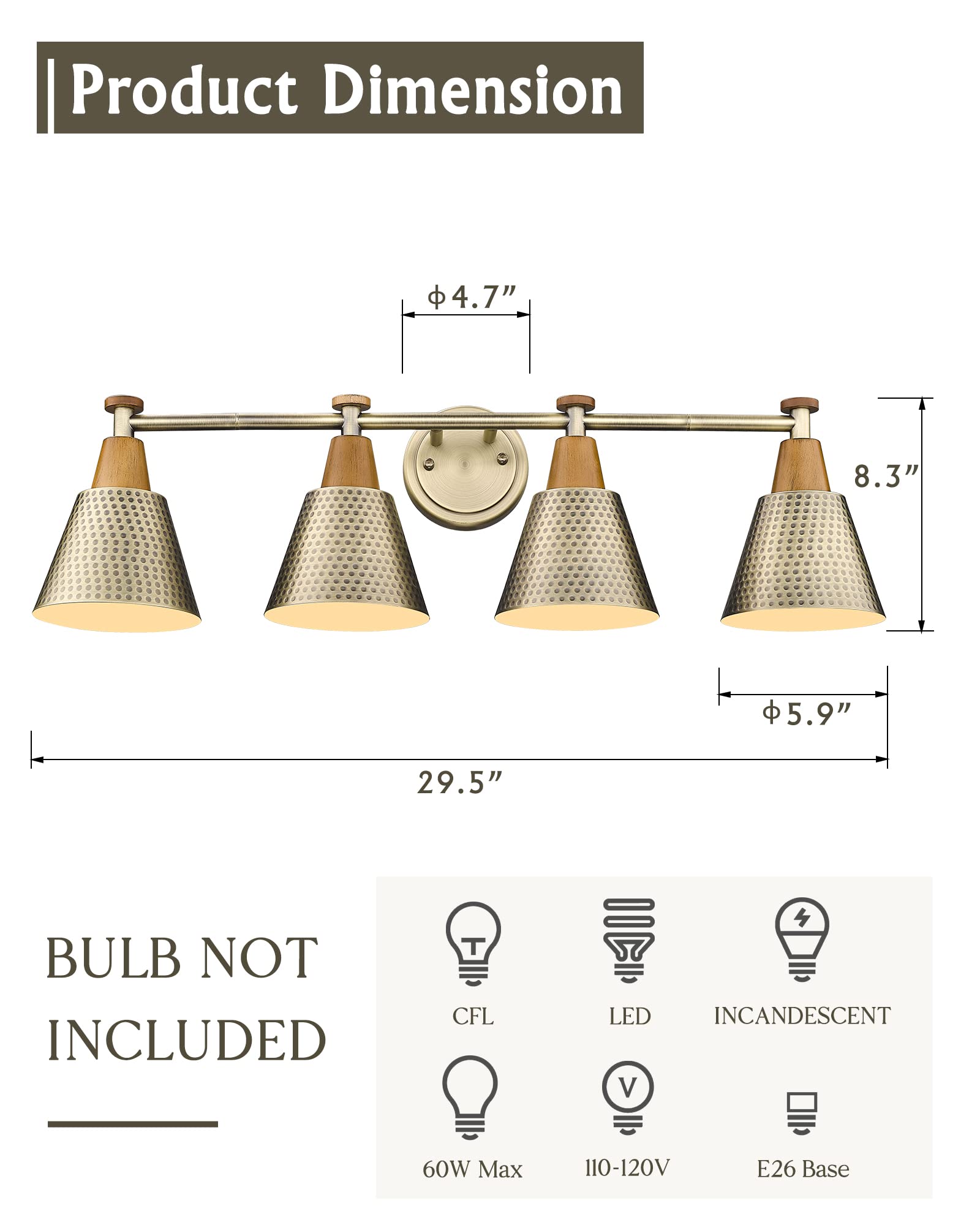 FEMILA 4-Light Bathroom Vanity Lights, Antique Brass Wall Sconces with Hammered Metal Shade Finish