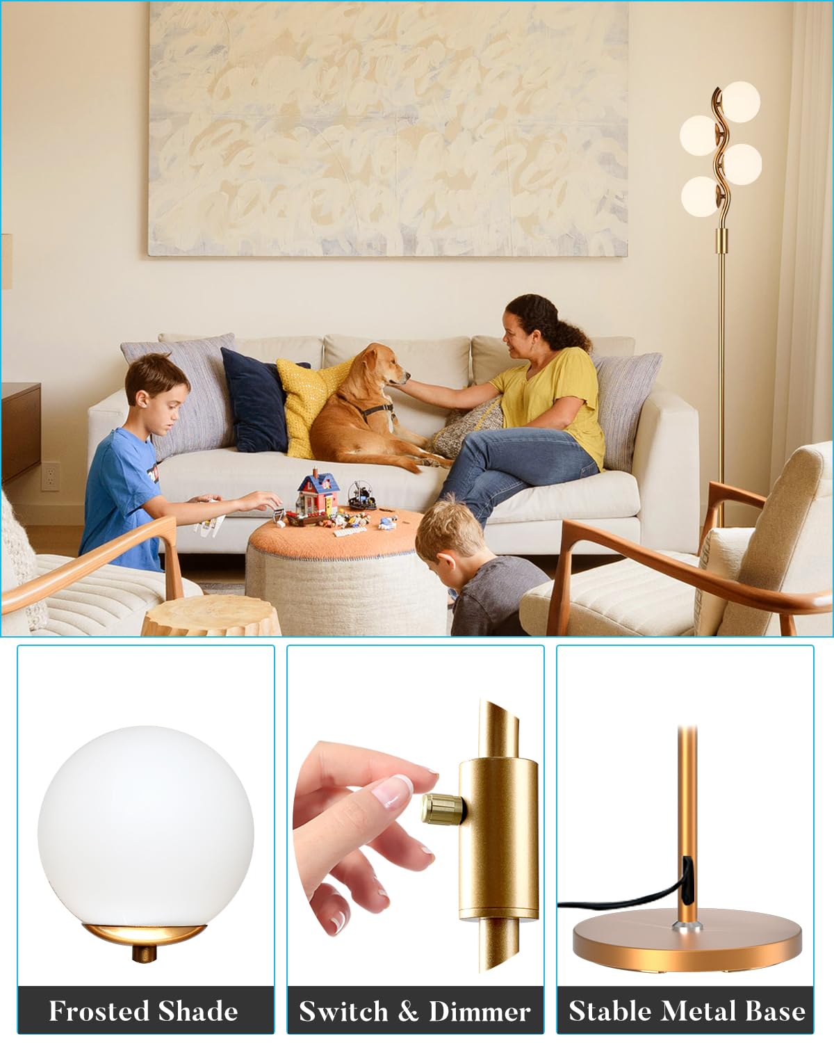 Lightdot 64In Dimmable Globe Floor Lamp, Gold Standing Lamps With 4Pcs 3000K G9 Bulbs Soft Warm White Eye Care, Mid Century Floo