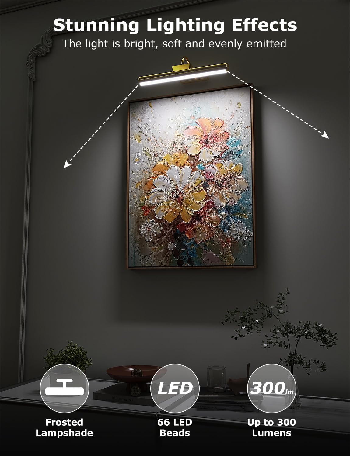 Skairipa Picture Light, 13in Battery Operated, Dimmable, Metal, Gold, Model SN00146, 1Pack