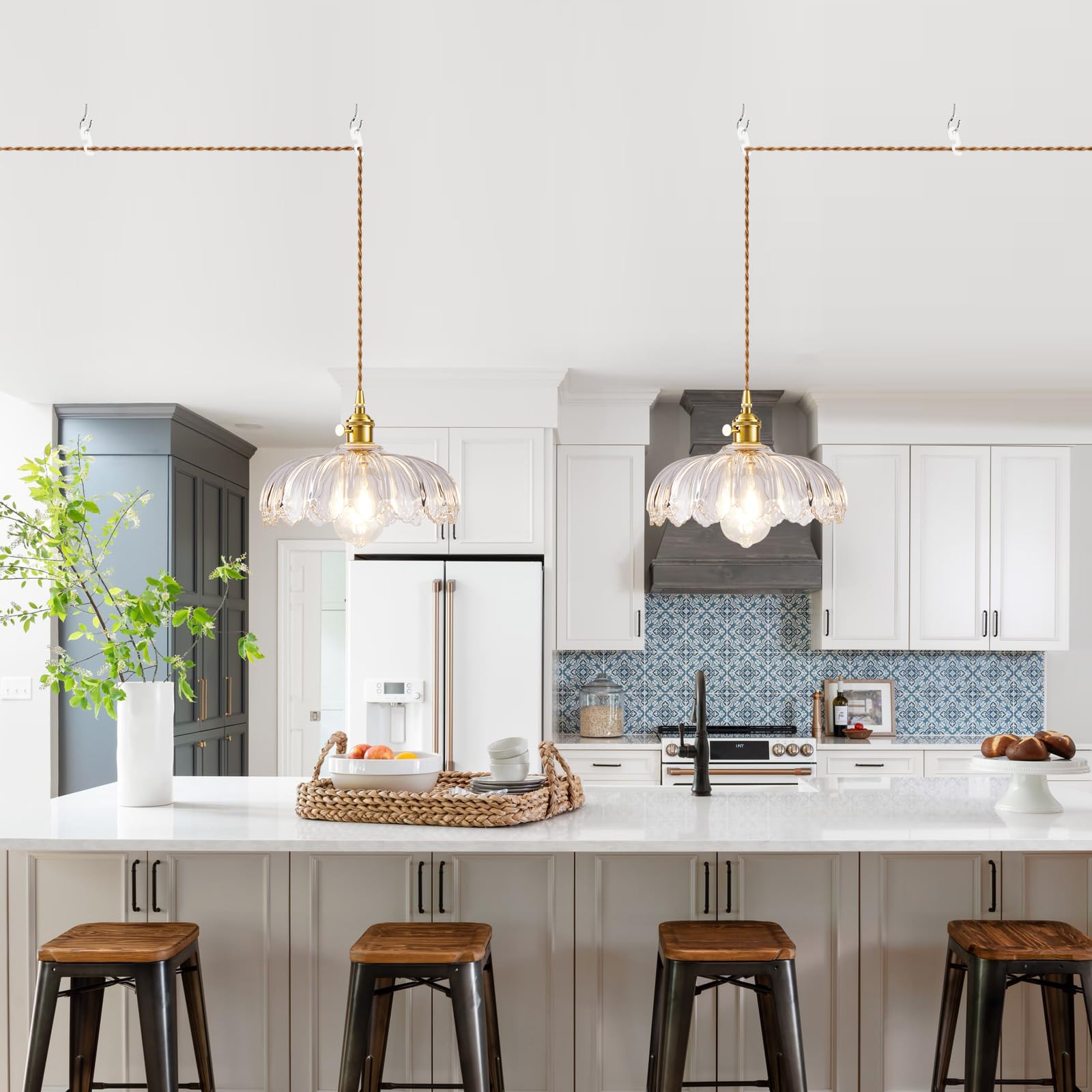Beserwin Plug In Pendant Light  Hanging Lights With Plug In Cord  Hanging Light Fixture With Green Glass  E26 Pendant Lighting For Kitchen Island  Bedroom  Dining Room-Clear