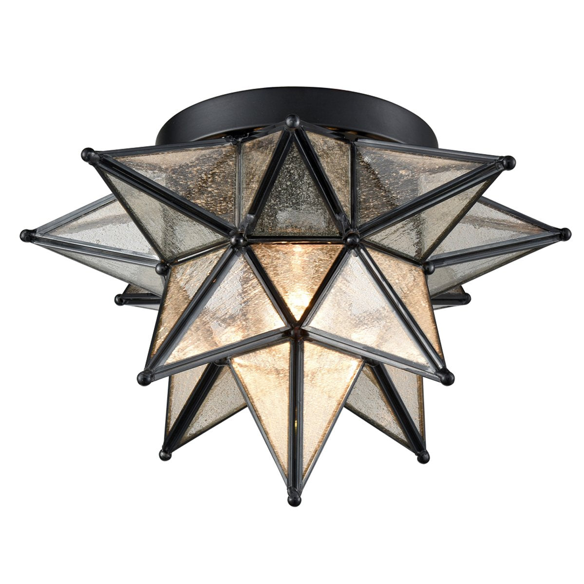 DAYCENT Moravian Star Light Flush Mount Ceiling Light, Black Metal, 12.7-In, Model DZ32069U, Seeded Glass Shade, Boho Moroccan Design