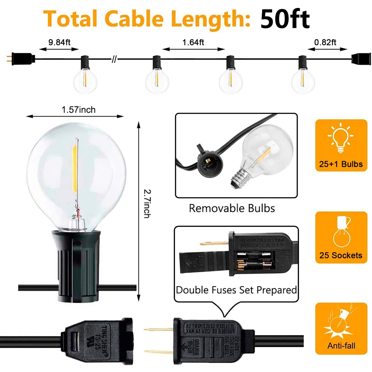 Svater Outdoor String Lights 50ft, 25 G40 Shatterproof Bulbs, Waterproof, Warm White, Black