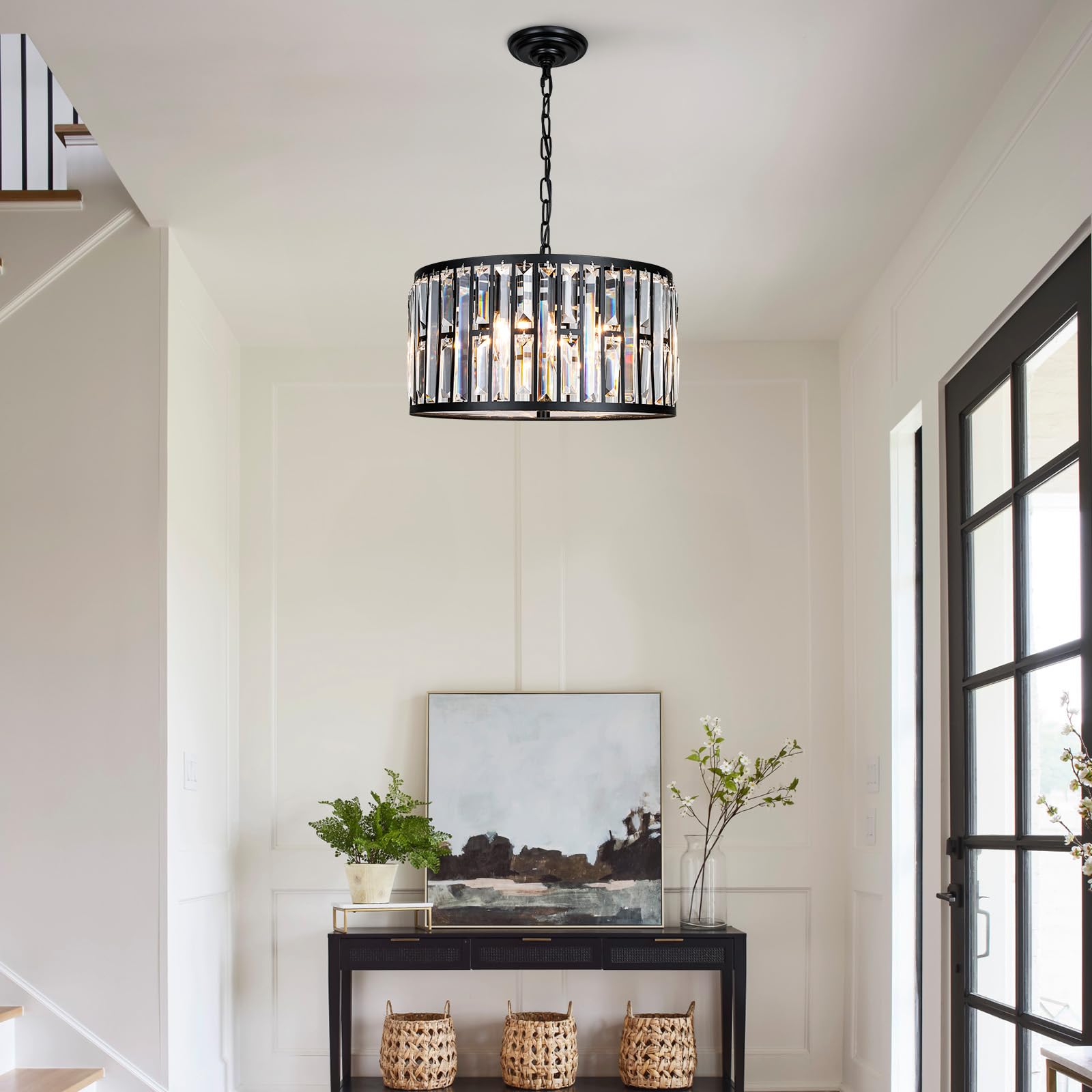 Weesalife Crystal Chandelier, 6 Lights Modern Drum Fixture, 16" Black, Model A8845-6 for Dining Room, Bedroom, Kitchen Island, Living Room