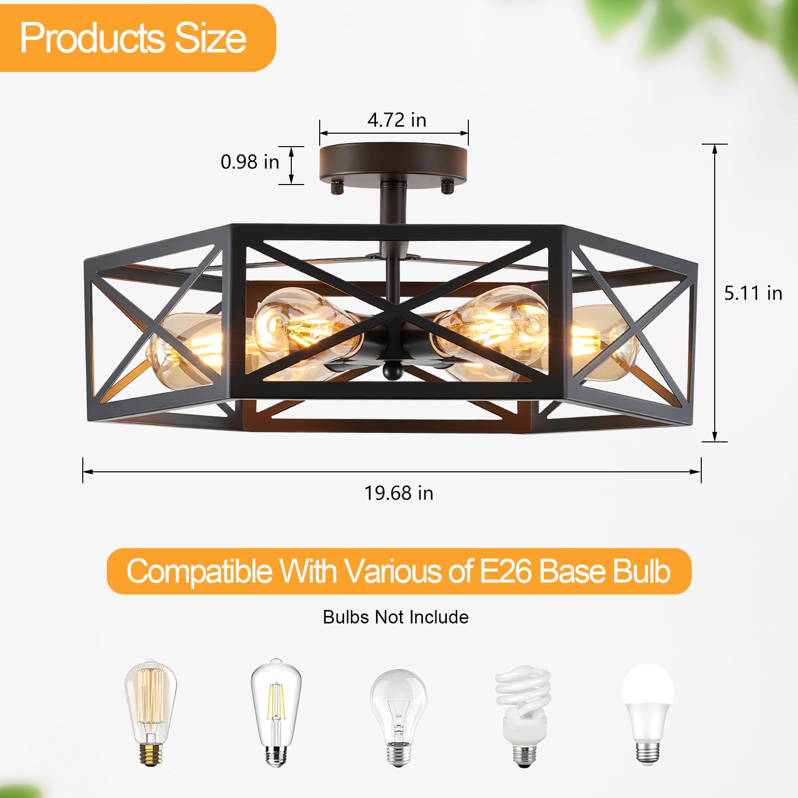 XSDeTu 6-Light Semi Flush Mount Ceiling Light Fixture, Black Metal Chandelier for Kitchen, Dining Room, Hallway, Model DeTu-PHexagon-6Black